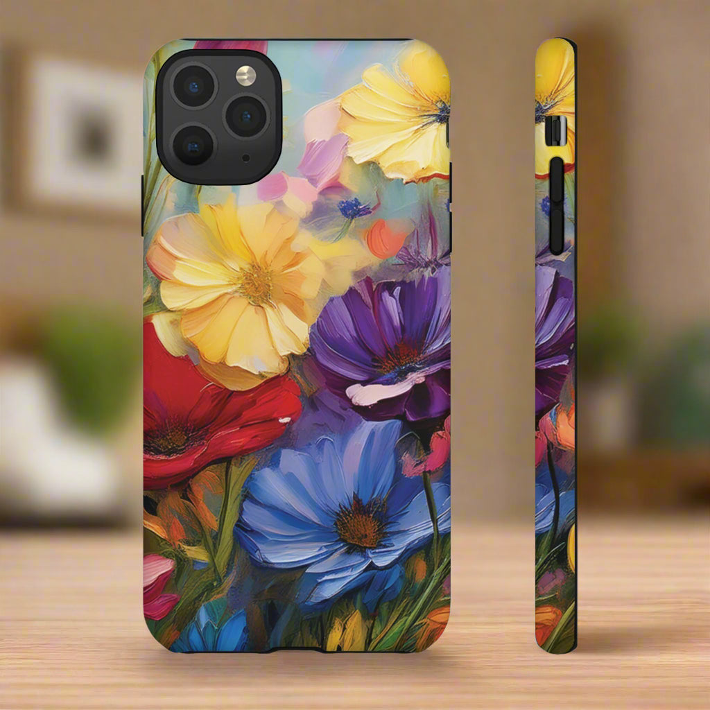 Phone case with colorful floral design on a white background