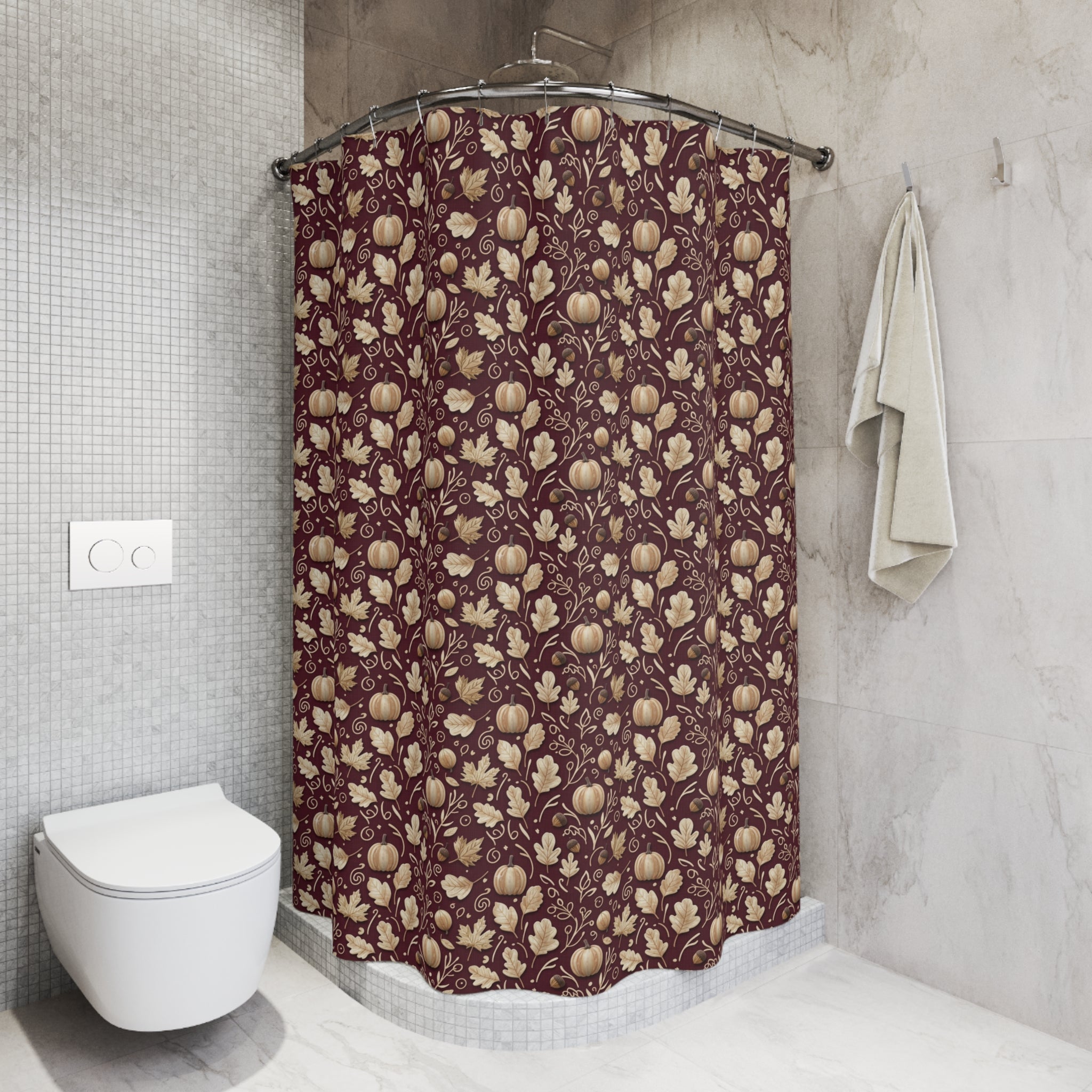 Burgundy Fall Shower Curtain, Autumn Leaves Bathroom Decor, Seasonal Rustic Home Accent, Cozy Thanksgiving & Harvest Style Curtain Hooks Not Included