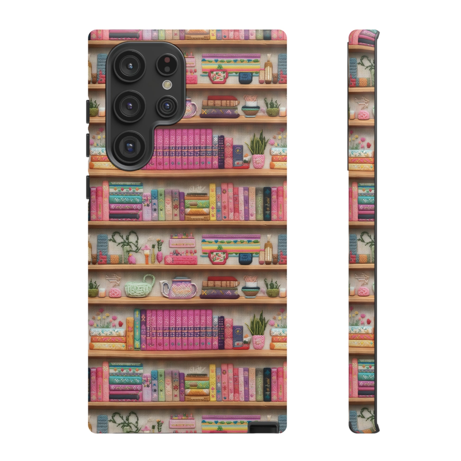 Phone Case 3D Illusion Books & Shelf Embroidery Design with Vibrant Colors Gift for Her Phone 15, Samsung iPhone Samsung Gift for Her Case iPhone 15, Samsung iPhone Samsung Accessory Gift for Her.