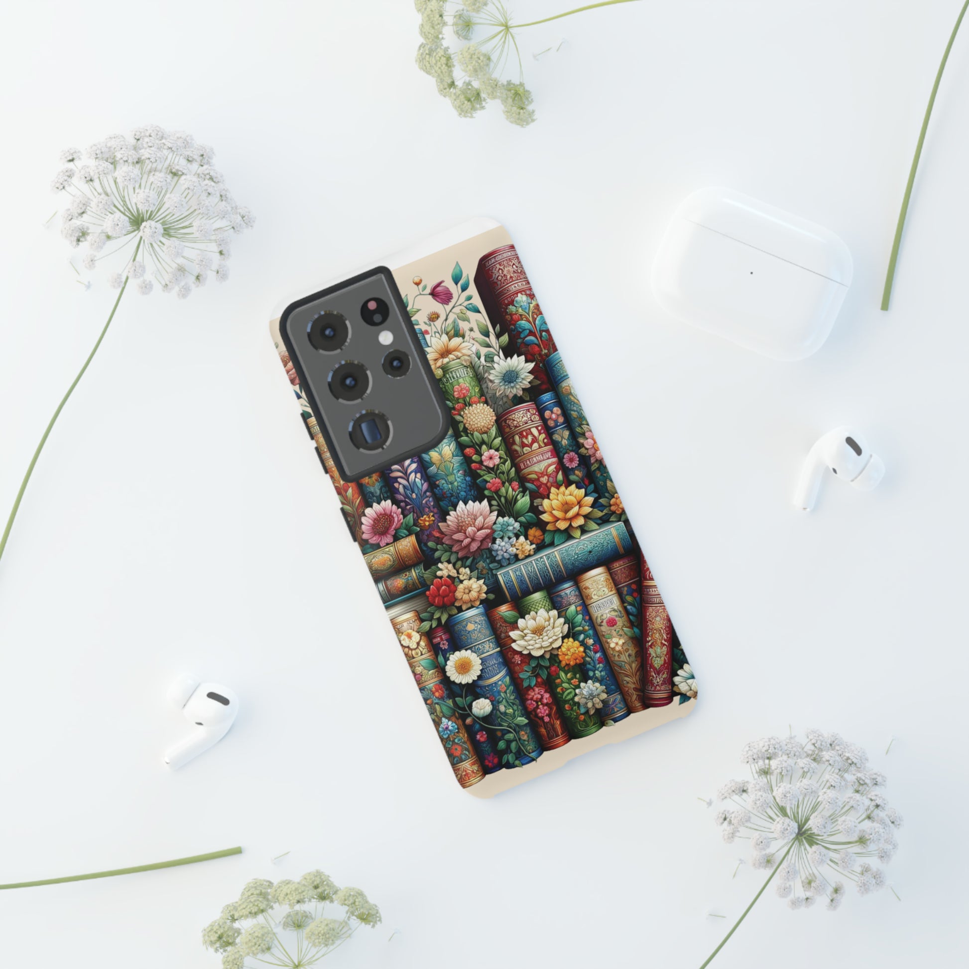 Books and Floral Boho Luxury Phone Tough Case Floral Elegant Durable Stylish for Modern Devices iPhone 15, Samsung iPhone Samsung Accessory Gift for Her.