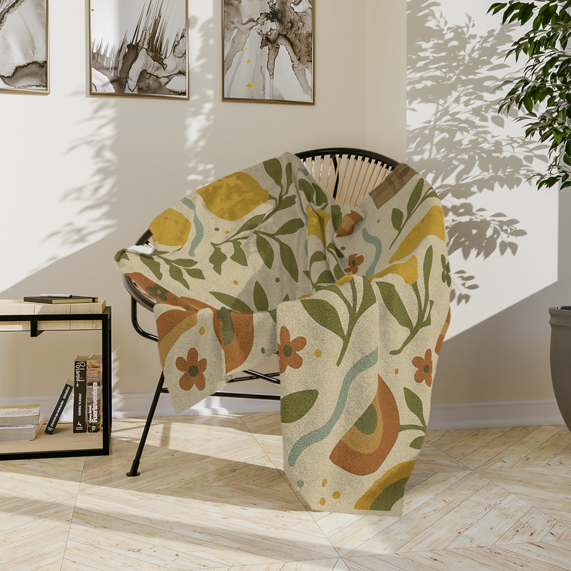 Boho Lemon Grove Blanket Cozy Knit Throw Featuring Hand-Drawn Lemons, Olive Leaves & Soft Waves in Earthy Tones, Perfect for Warmth & Style Year-Round