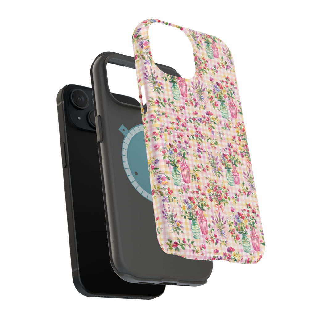 Turquoise & Pink Floral Checker Phone Case — Magnetic Impact-Resistant