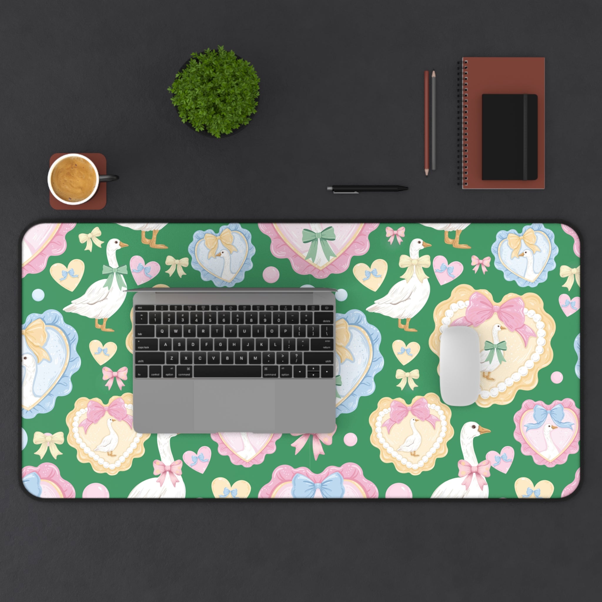 Silly Goose Green Desk Mat with Pastel Bows & Hearts Cozy & Stylish Desk Protector Desk Pad