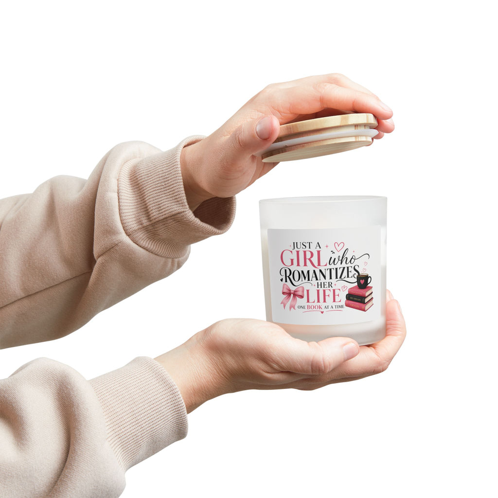 Romanticizes Her Life Candle — Frosted Glass 11oz ("Just a Girl Who Romanticizes her Life One Book at a Time")