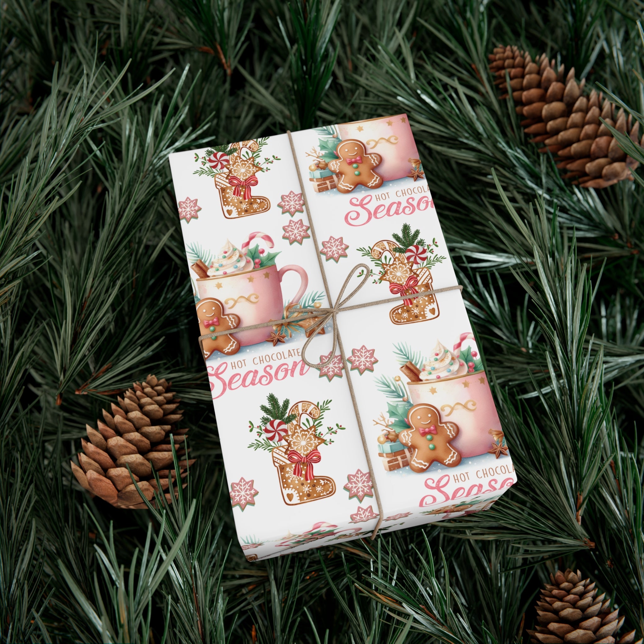 Enchanting Gingerbread with Hot Chocolate Season Pink Wrapping Paper | Festive & Cozy Holiday Gift Wrap | Perfect for Christmas Presents, Seasonal Celebrations, and Winter Wonderland Themes Christmas - MRSBYVALLE