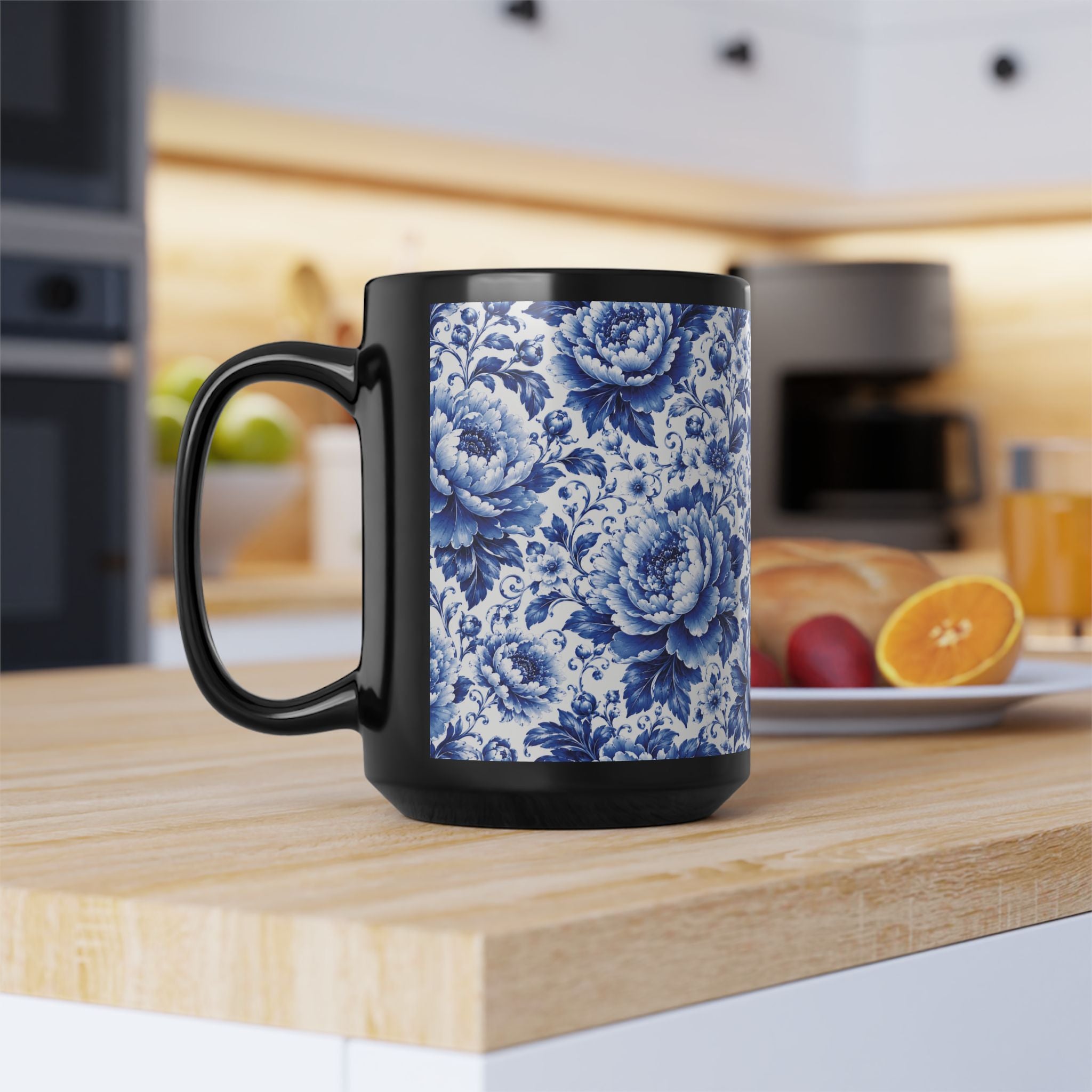 Blue Floral Porcelain Pattern Mug Elegant Black Ceramic Coffee Cup (11oz/15oz) Blue & White Chinoiserie Tea Cup