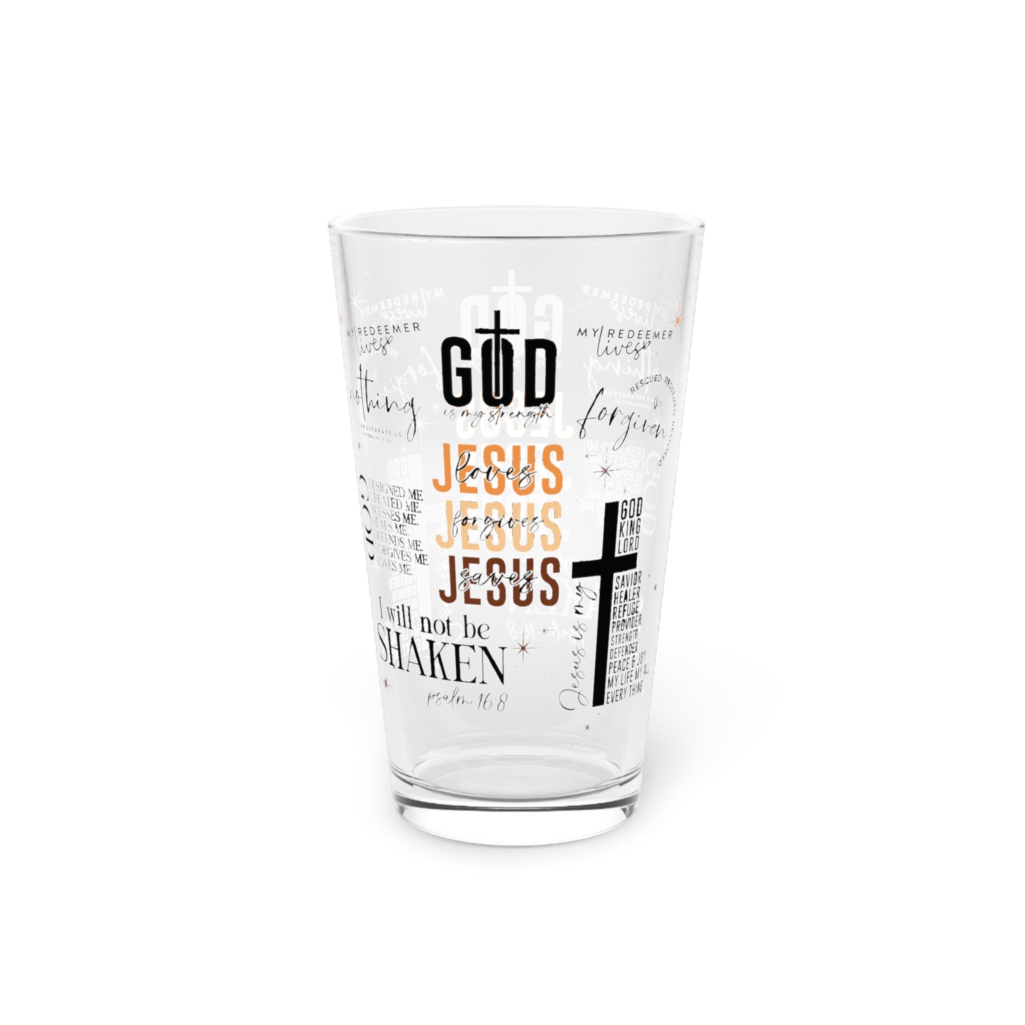 Clear glass with religious text and designs on a white background