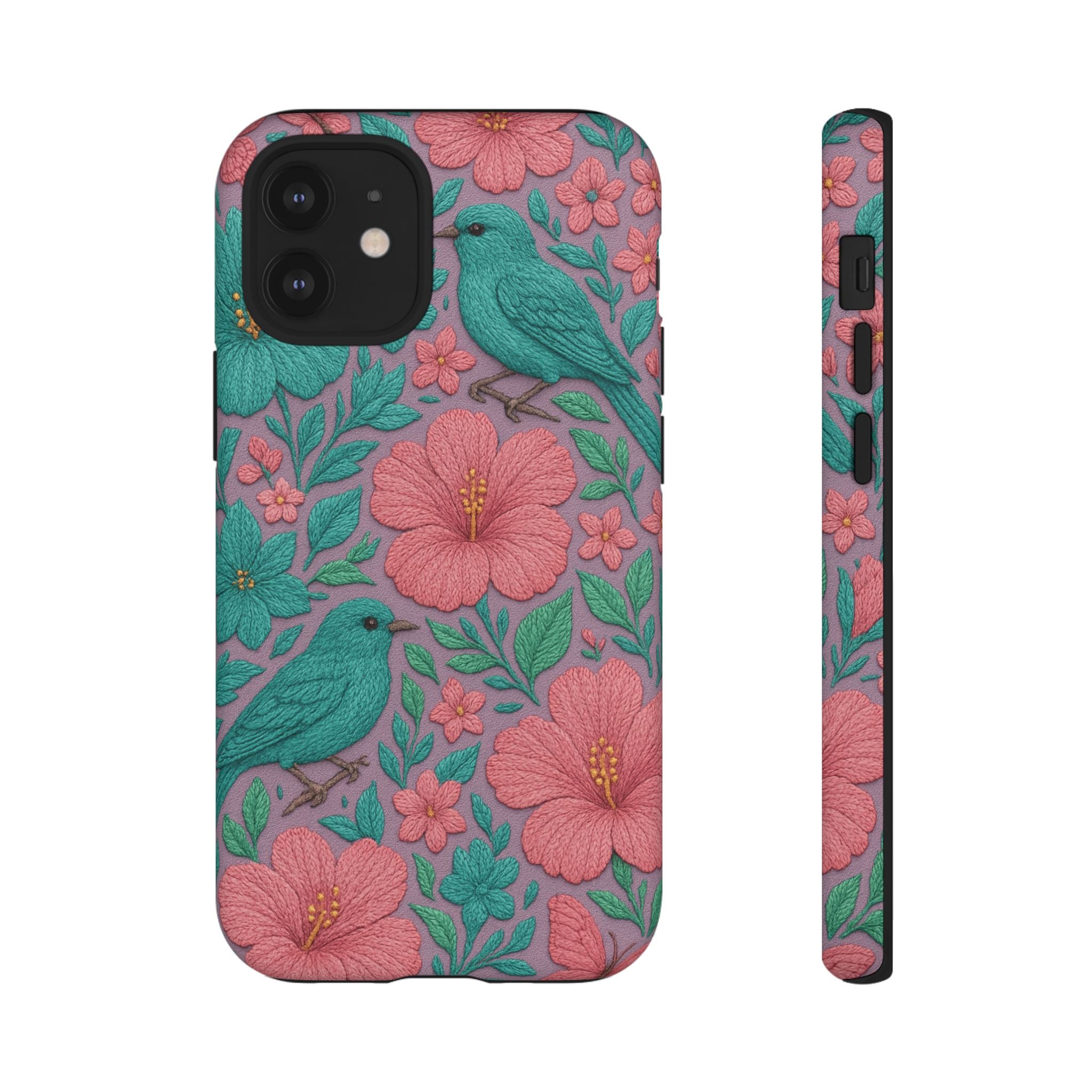 Turquoise, Pink and Lavender 3D Embroidery Illusion Phone Case Tropical Flowers, Birds & Butterflies Cover with Bold, Realistic Floral Texture iPhone, Samsung