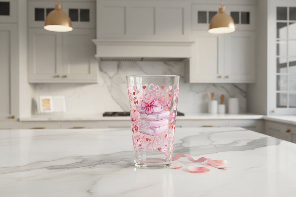 Romantic Pink Books and Bows Pint Glass | 16oz Party Drinkware Book Lover
