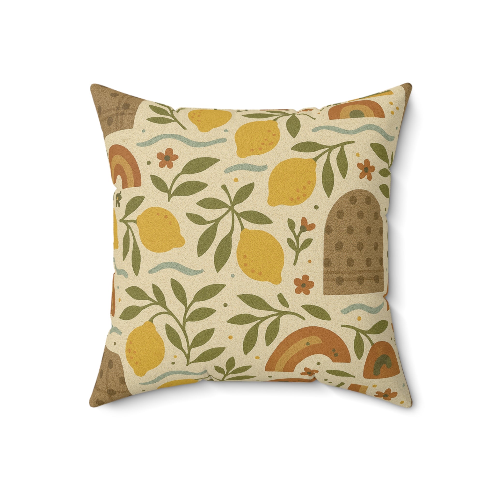 Boho Lemon Square Pillow  Decorative Throw Pillow with Yellow Lemons, Olive Branches & Floral Accents, Cozy Polyester Cover, Double-Sided Print, Zippered Bedroom, or Reading Nook