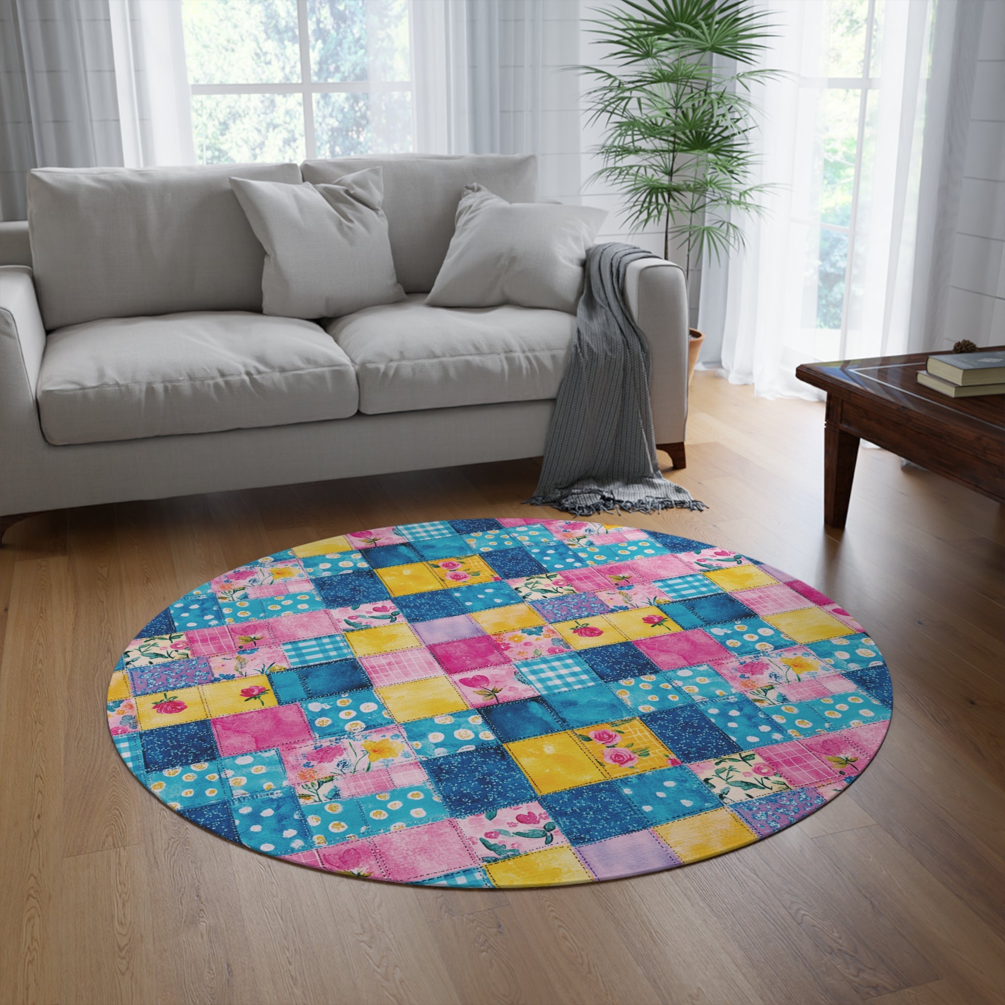 Pastel Patchwork Illusion Round Rug — Soft Decorative Area Rug Office perfect for Craft Room