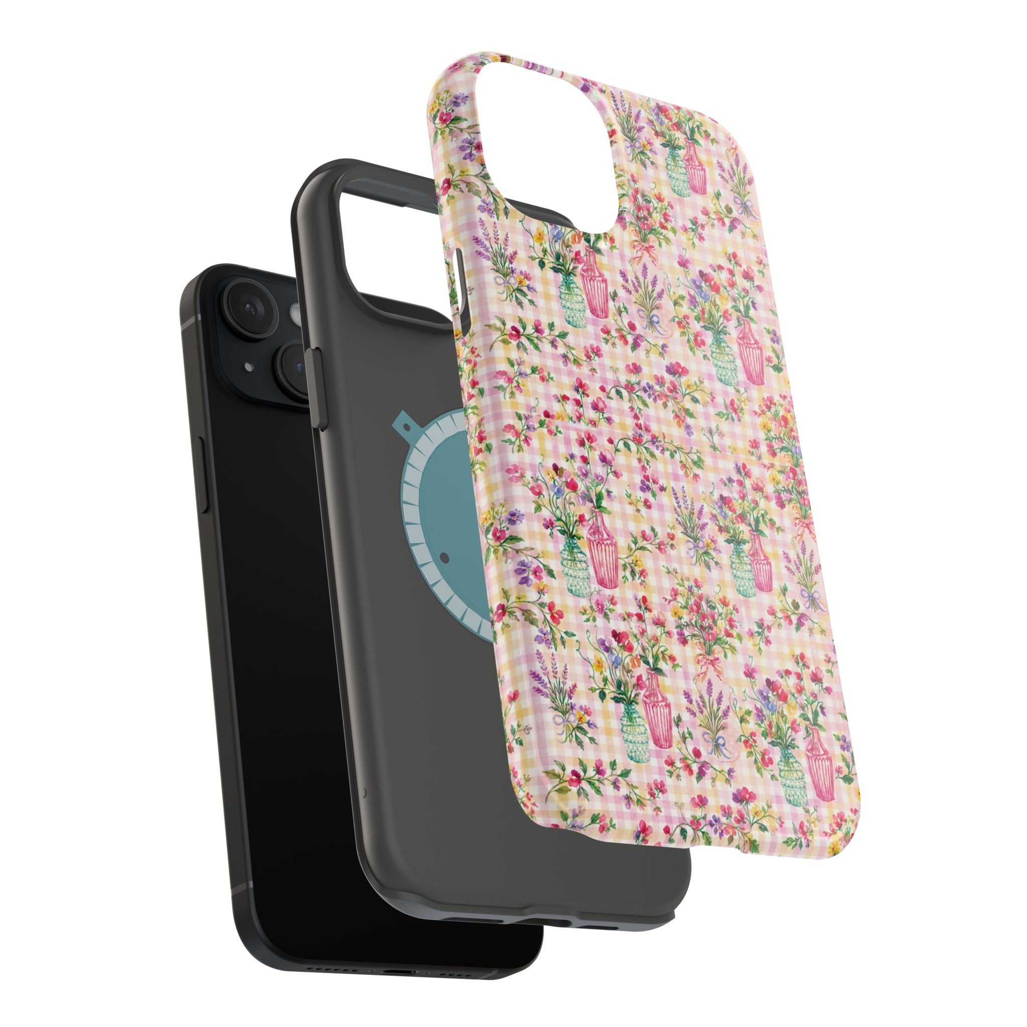 Turquoise & Pink Floral Checker Phone Case — Magnetic Impact-Resistant