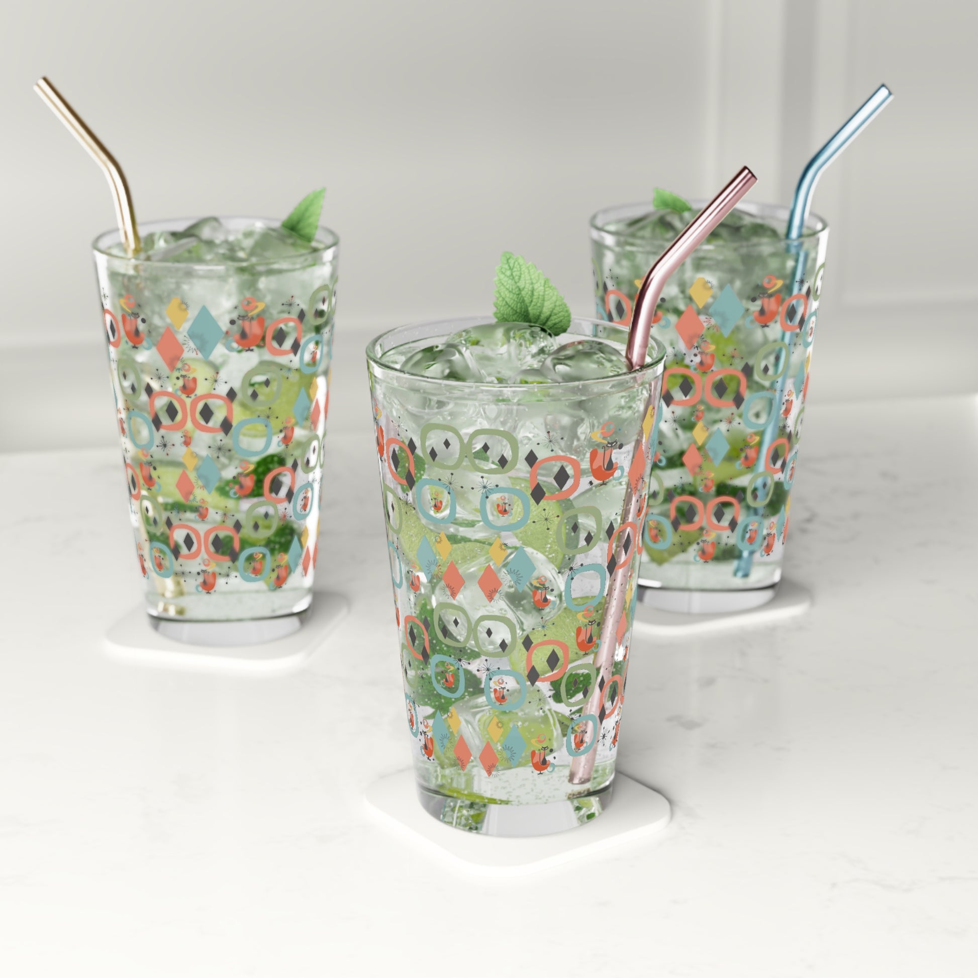 Retro Mid-Century Atomic Cat 16oz Pint Glass Mid-Century Modern Retro Style for Cocktails, Mocktails, Beer, and Water Perfect for Every Occasion Mother's Day Party Drinkware, Housewarming Perfect Gift Party Drinkware, Cocktail, Wedding Perfect for Parties - MRSBYVALLE