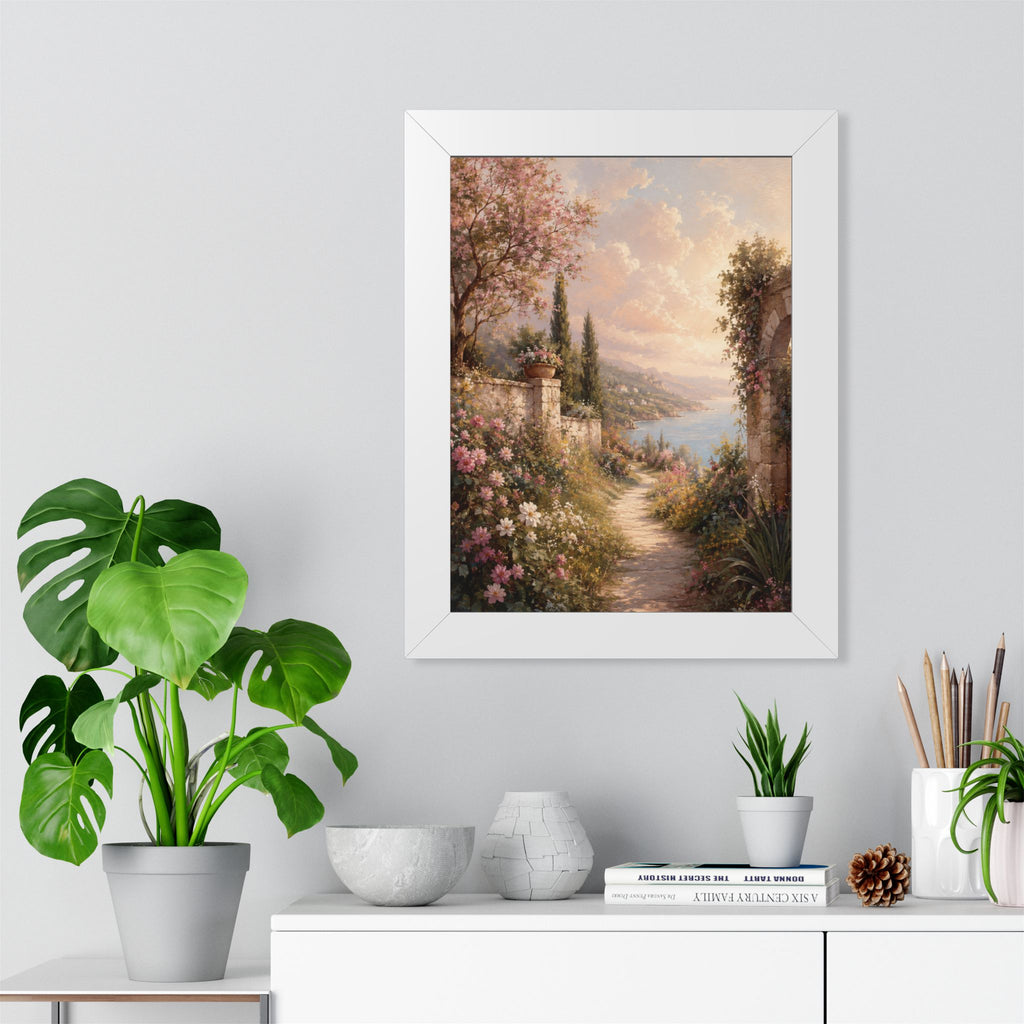 Mediterranean Garden Path Framed Vertical Poster | Coastal Landscape Wall Art