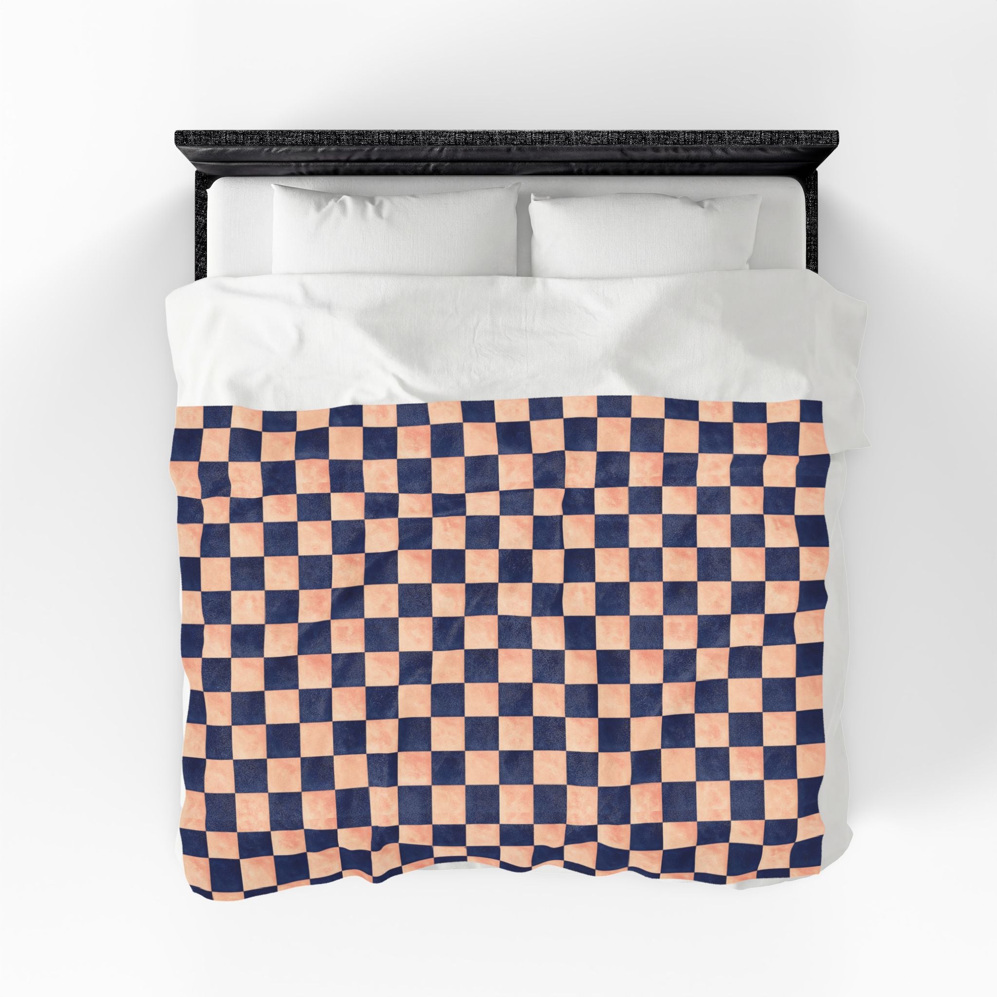 Couverture en peluche veloutée – Plaid confortable à carreaux bleu marine et pêche