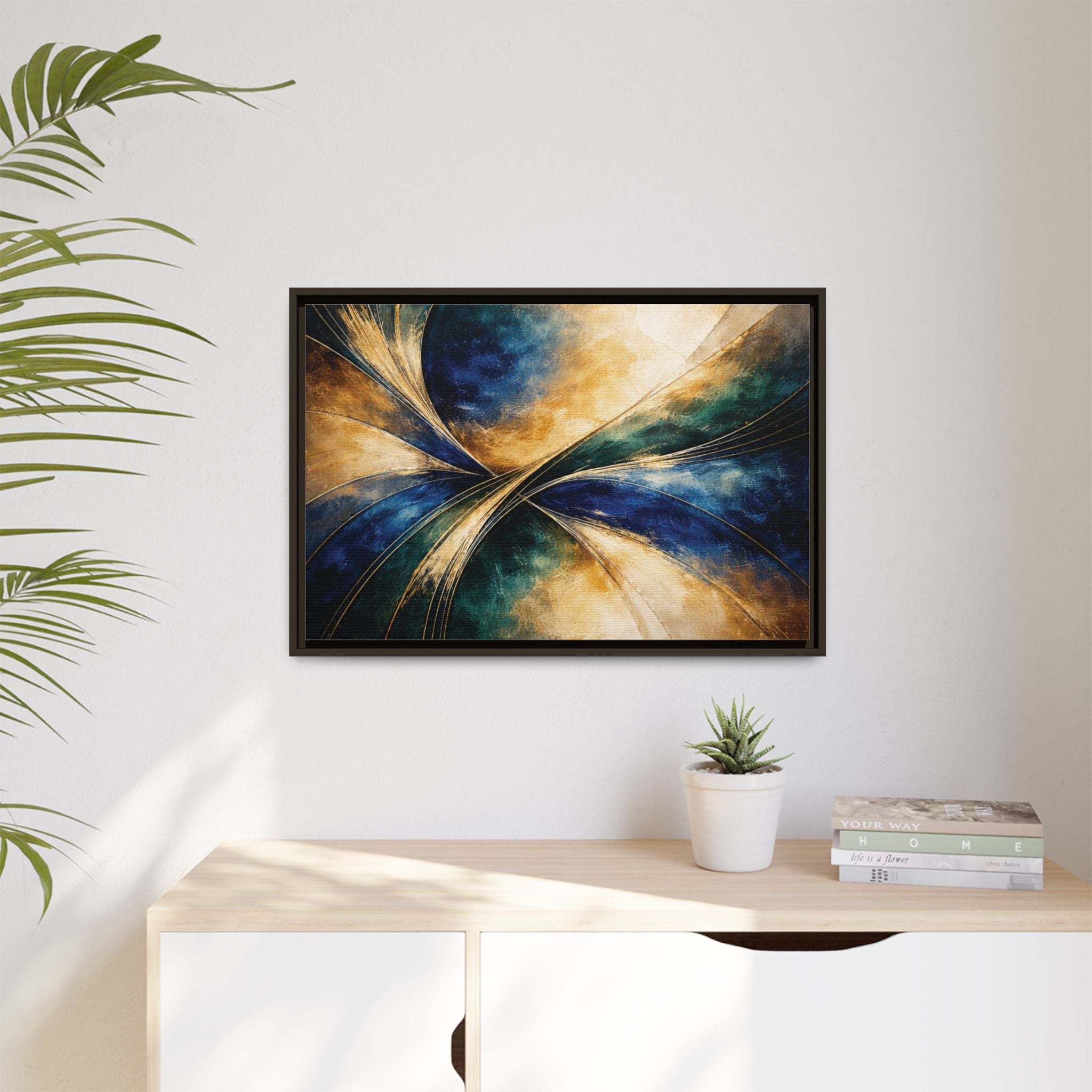 Gilded Convergence  Luxe NeoDeco Blue & Gold Abstract Wall Art Framed