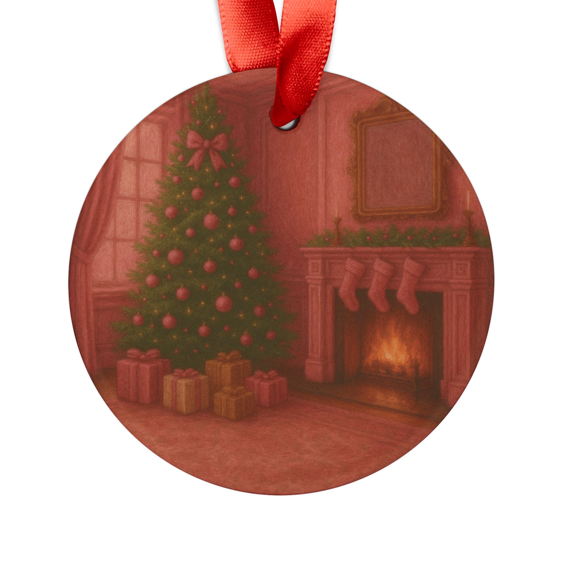 Pink Christmas Vintage Ornament Elegant Tree with Gifts Design, Glossy Finish, Acrylic 2.90x2.90 in, Includes Red Ribbon for Hanging Tree Accent Gift for Family