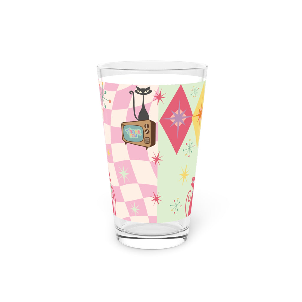 Pink and Mint Atomic Cat 16oz Pint Glass Mid-Century Modern Retro Style for Cocktails, Mocktails, Beer, and Water Perfect for Every Occasion Mother's Day Party Drinkware, Housewarming Perfect Gift Party Drinkware, Cocktail, Wedding Perfect for Parties - MRSBYVALLE