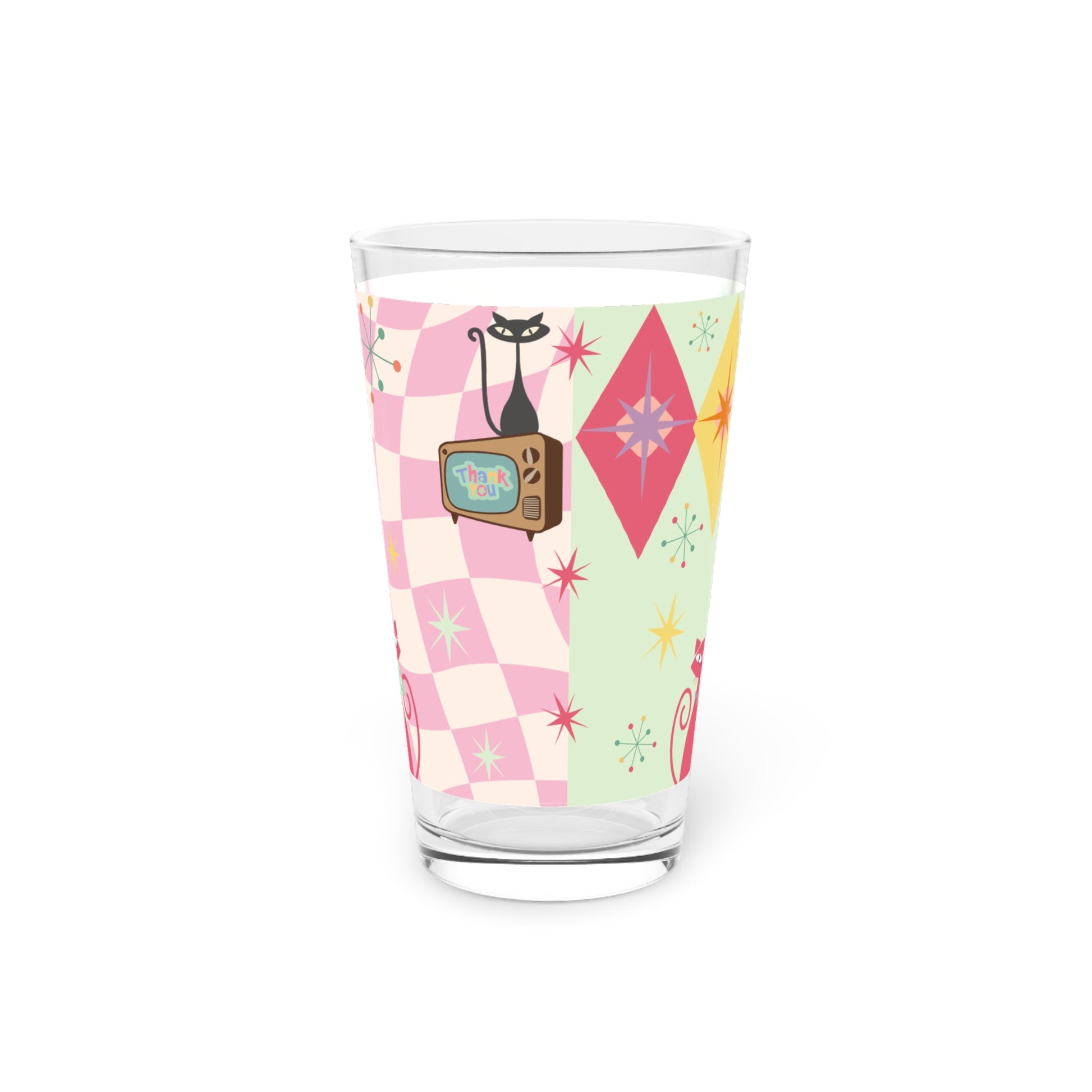 Pink and Mint Atomic Cat 16oz Pint Glass Mid-Century Modern Retro Style for Cocktails, Mocktails, Beer, and Water Perfect for Every Occasion Mother's Day Party Drinkware, Housewarming Perfect Gift Party Drinkware, Cocktail, Wedding Perfect for Parties - MRSBYVALLE