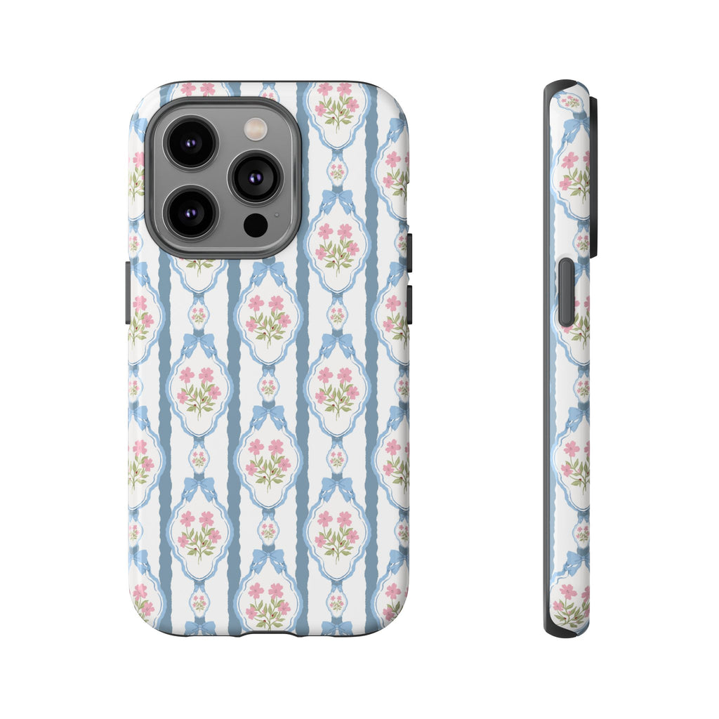 Coque de téléphone Vintage Nœud Bleu et Rose — Motif floral romantique « Tough Cases »