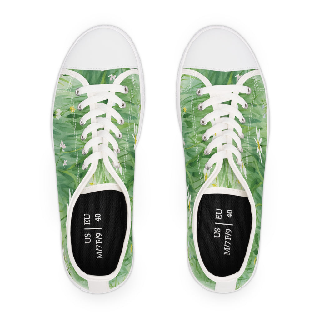 Green Floral Women's Low Top Sneakers Breathable Polyester Canvas, Lightweight Stylish Floral Pastel Design, Comfortable All-Day Wear, Perfect for Walking and Everyday Activities - MRSBYVALLE