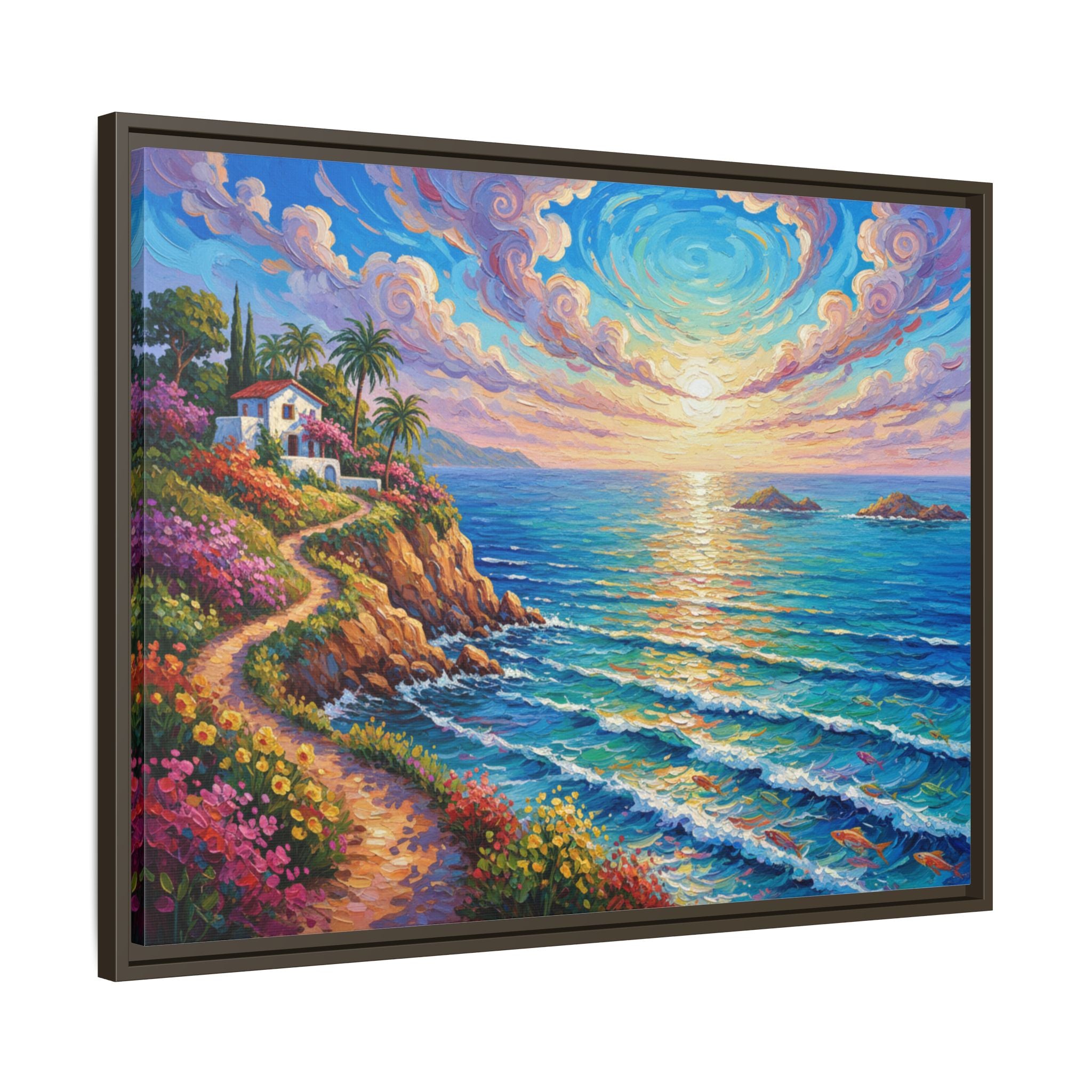 Toile imprimée florale océanique | Décoration murale colorée et lumineuse de paysage marin, œuvre d'art de bureau encadrée et mate