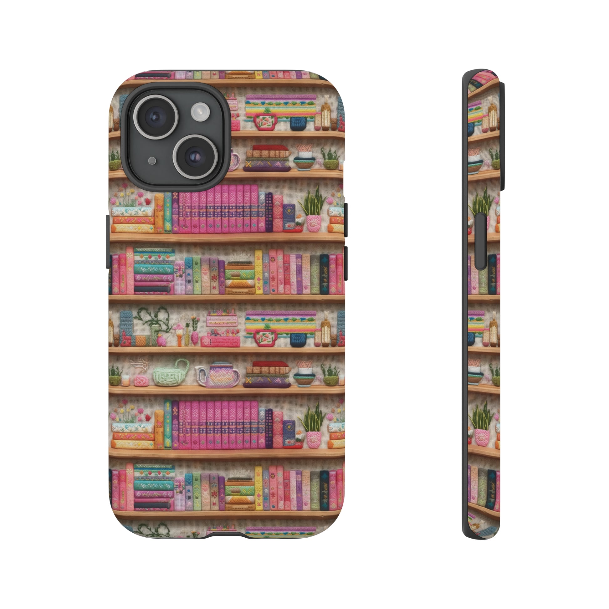 Phone Case 3D Illusion Books & Shelf Embroidery Design with Vibrant Colors Gift for Her Phone 15, Samsung iPhone Samsung Gift for Her Case iPhone 15, Samsung iPhone Samsung Accessory Gift for Her.