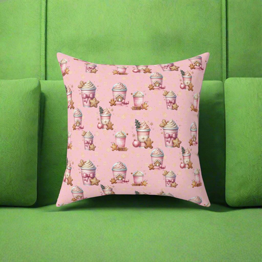 Christmas Pink Gingerbread People with Coffee Square Pillow Festive Decorative Cushion, Soft and Cozy, Perfect for Holiday Home Decor Bridal Shower - MRSBYVALLE