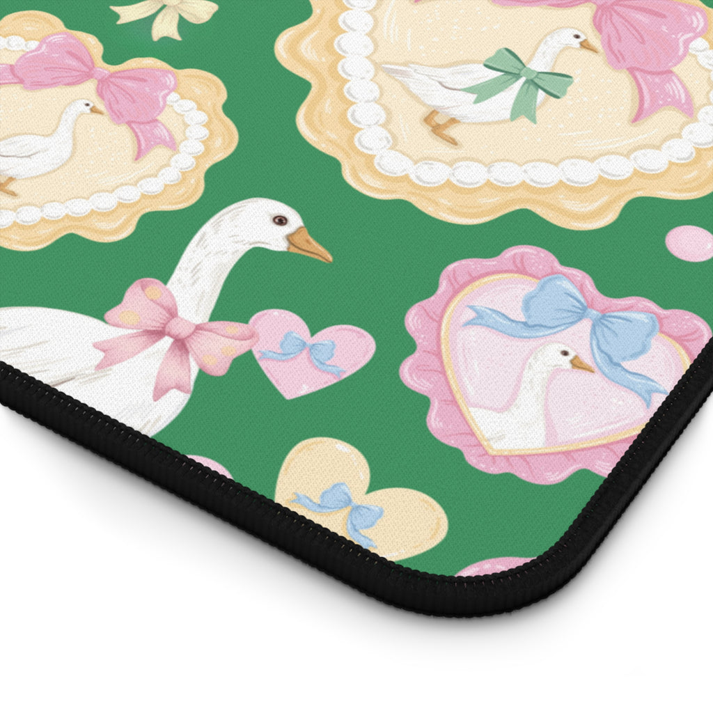 Silly Goose Green Desk Mat with Pastel Bows & Hearts Cozy & Stylish Desk Protector Desk Pad