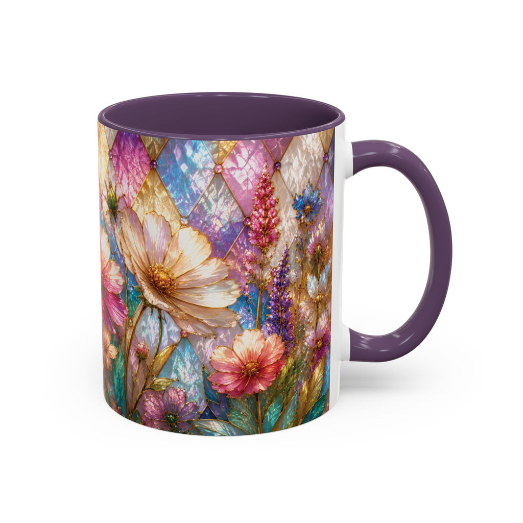 Floral Mosaic Accent Coffee Mug — Colorful Garden Flowers 11/15oz Stain Glass Illusion