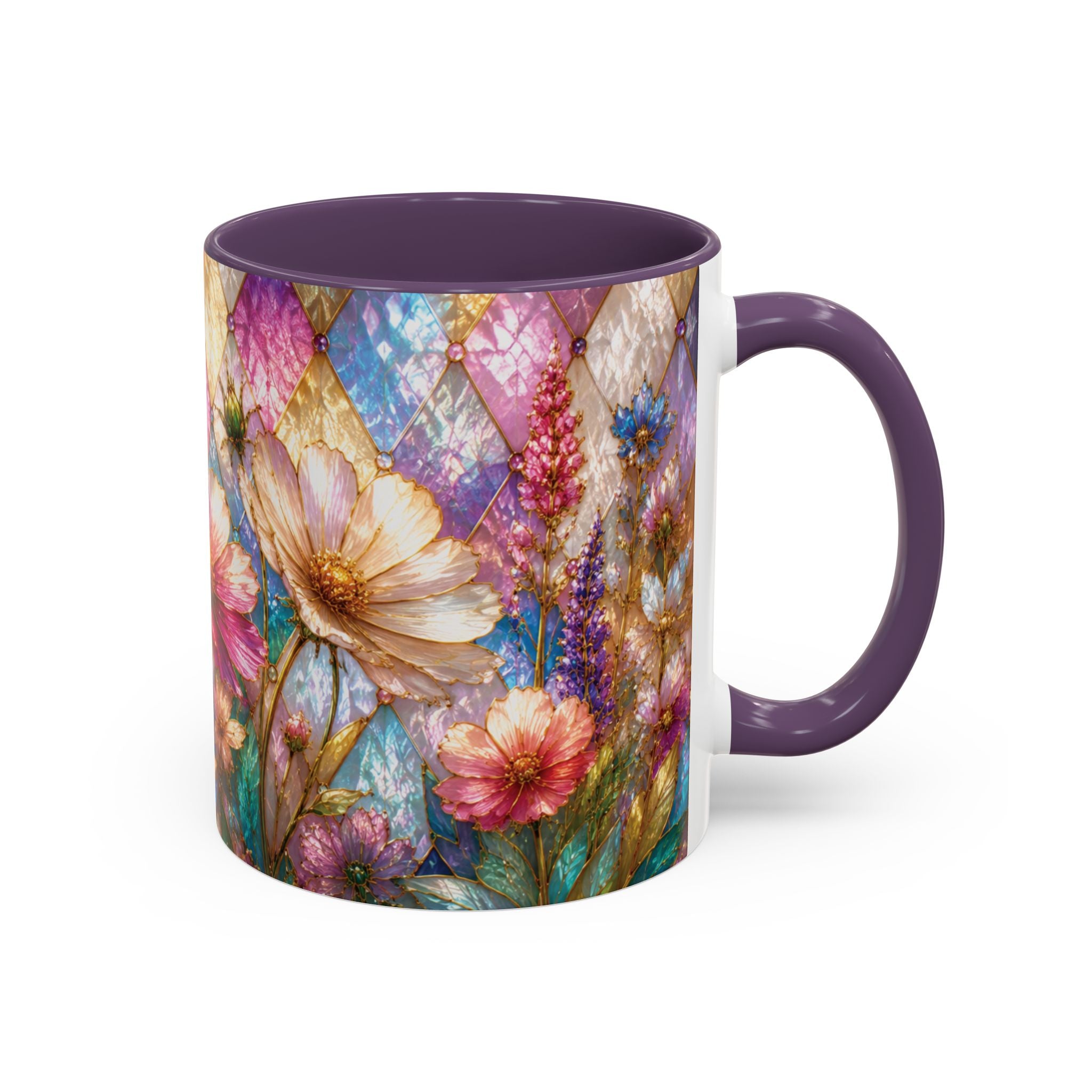 Floral Mosaic Accent Coffee Mug — Colorful Garden Flowers 11/15oz Stain Glass Illusion
