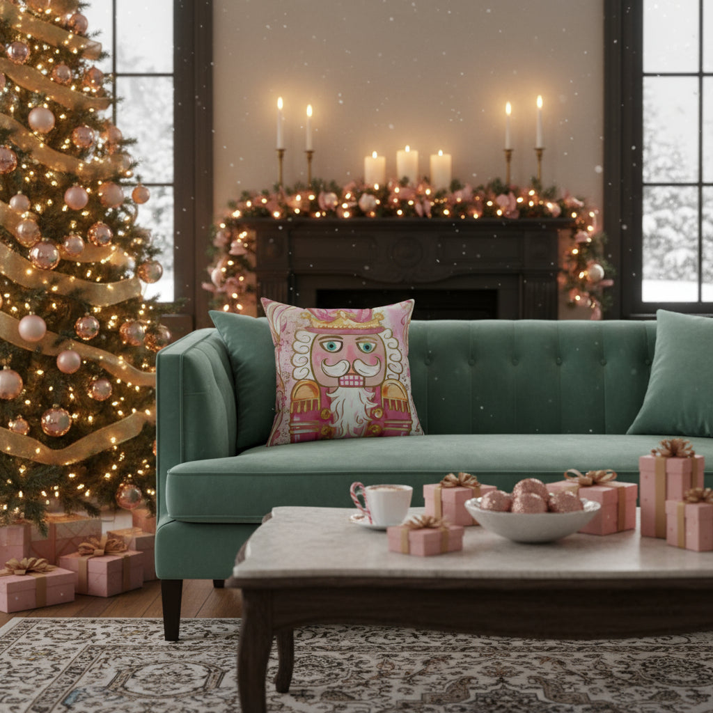 Decorative pillow with a cartoon king design on a pink background