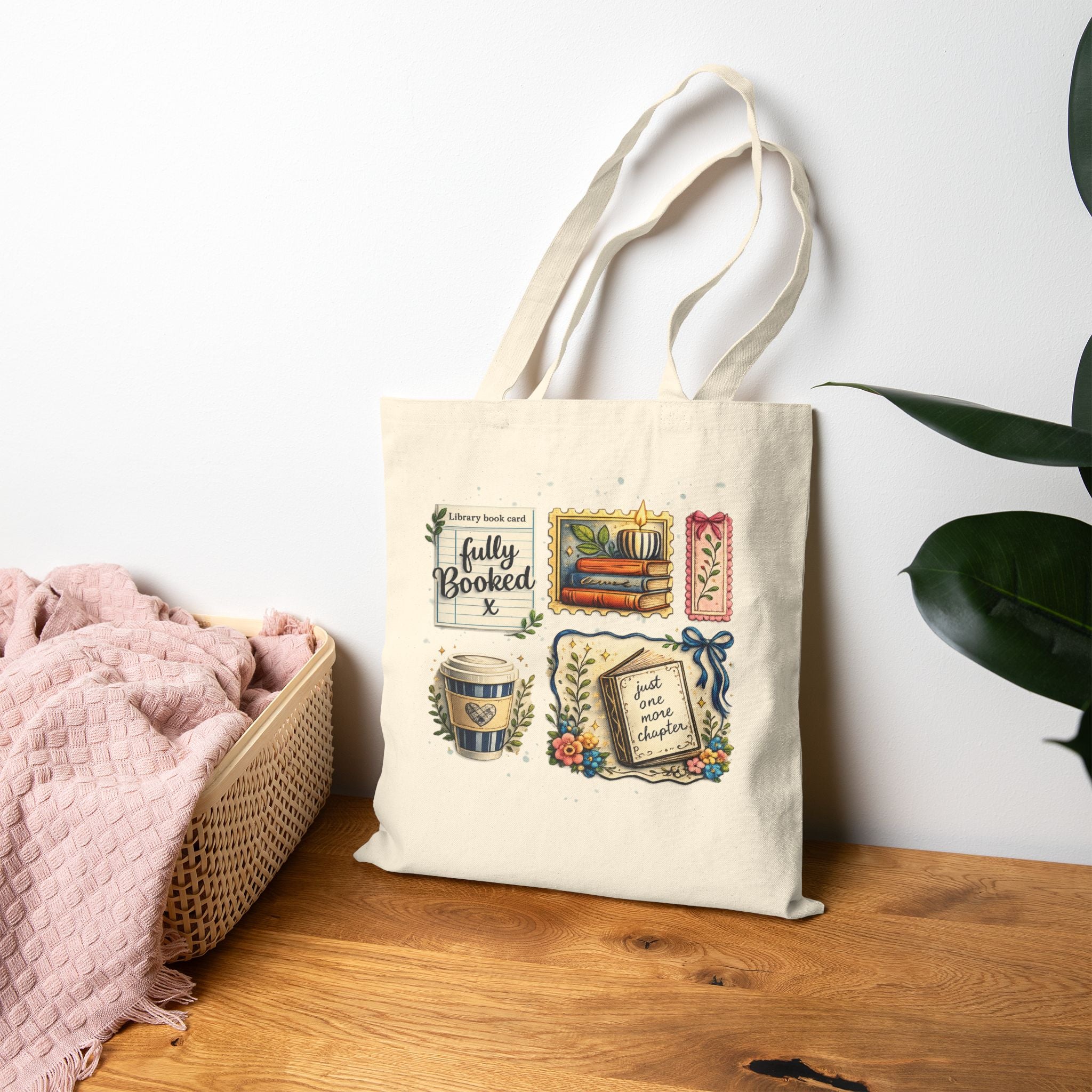 Tote Bag — "Fully Booked" Book Lover Canvas Tote with Stack of Books, Coffee & Floral Bookmark