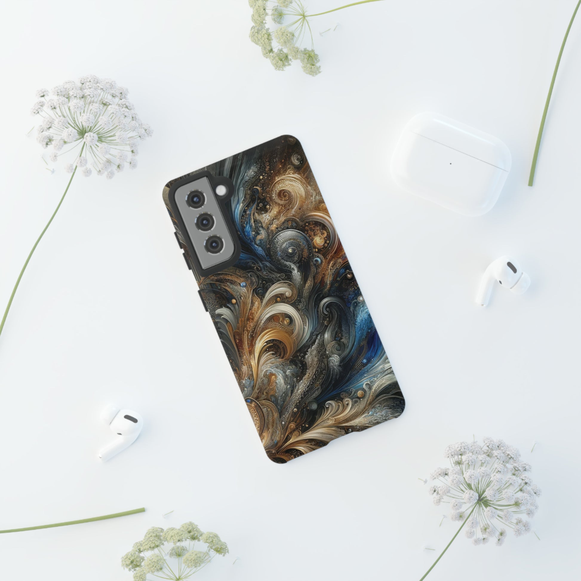 Gold and Navy Art Design Luxury Phone Tough Case Floral Elegant Durable Stylish for Modern Devices iPhone 15, Samsung iPhone Samsung Accessory Gift for Her.