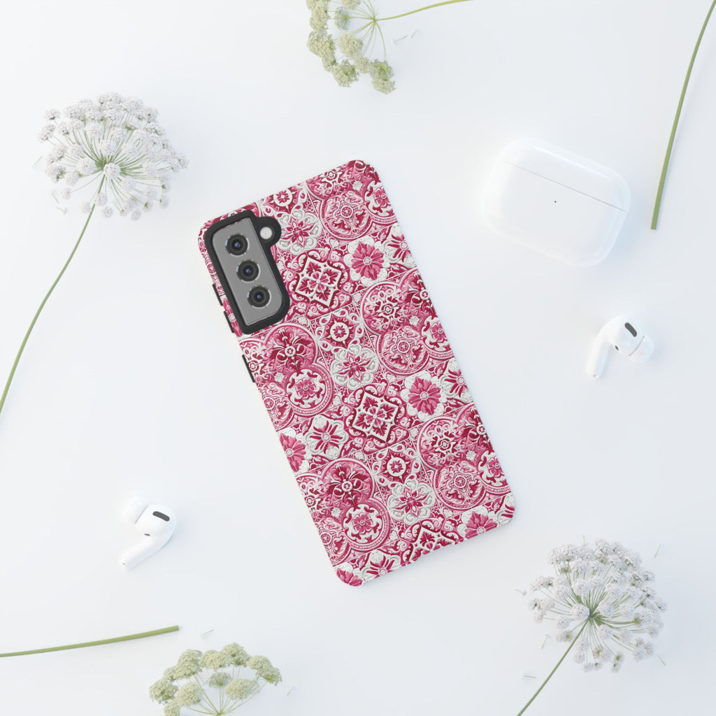 Pink and White Mediterranean Tile Design Phone Case - Stylish, Protective Cover for All Models Gift for Mom Accessory Gift for Her