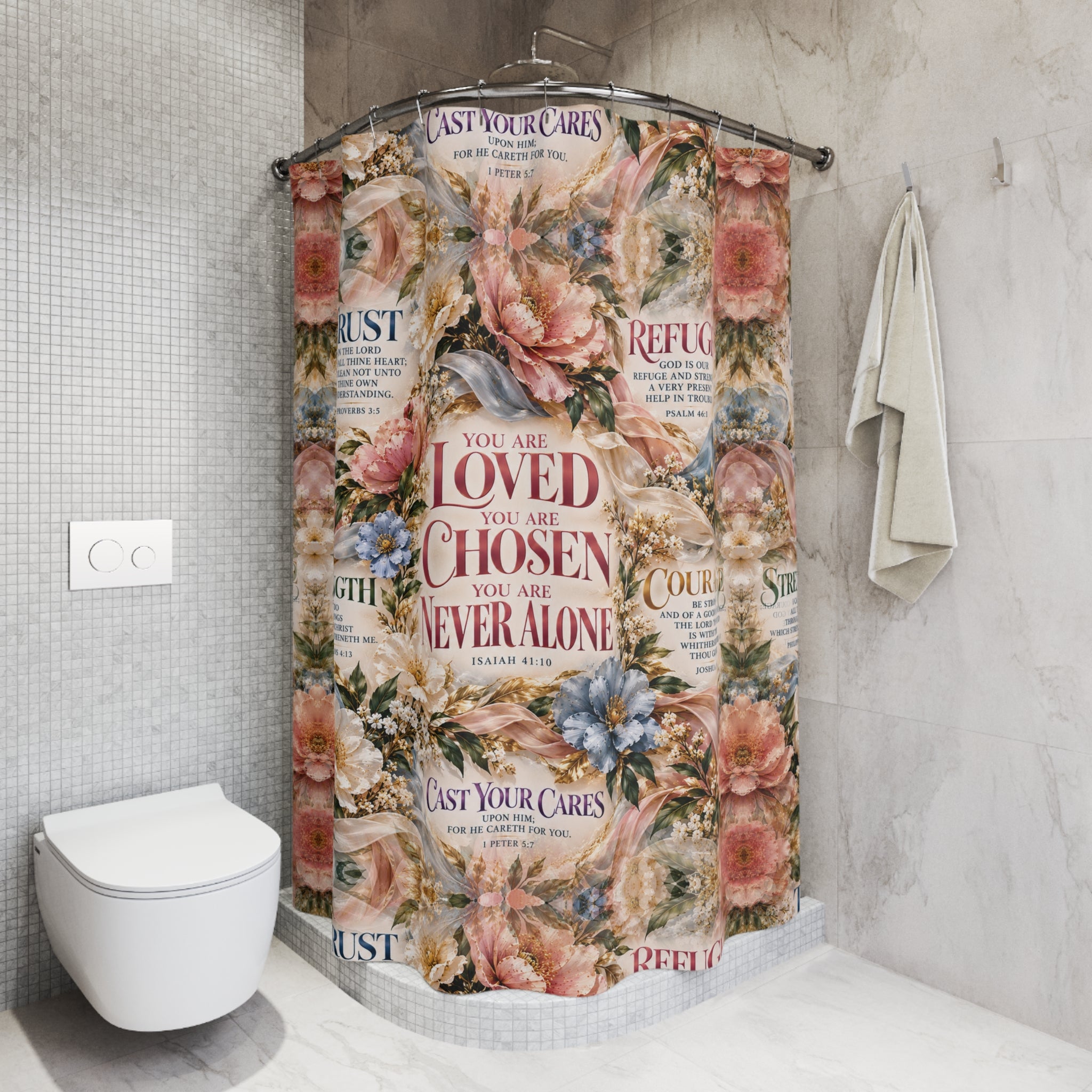 You Are Loved You Are Chosen Shower Curtain | Inspirational Floral Christian Bathroom Decor