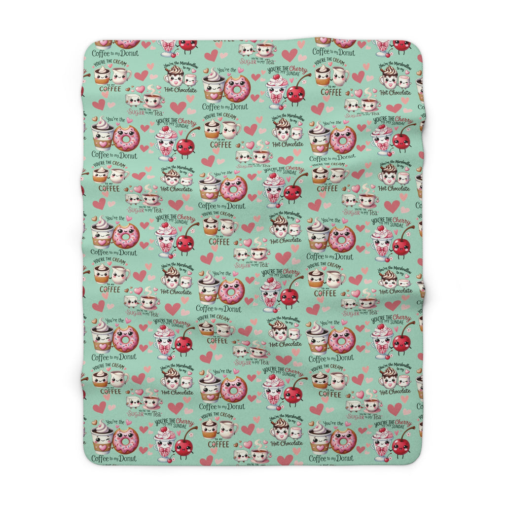 Sherpa Fleece Blanket Snuggle Up with Kawaii Charm Featuring Cute Coffee Donuts – 'You're My Cream to My Coffee' Perfect for Cozy Moments & Gift Giving