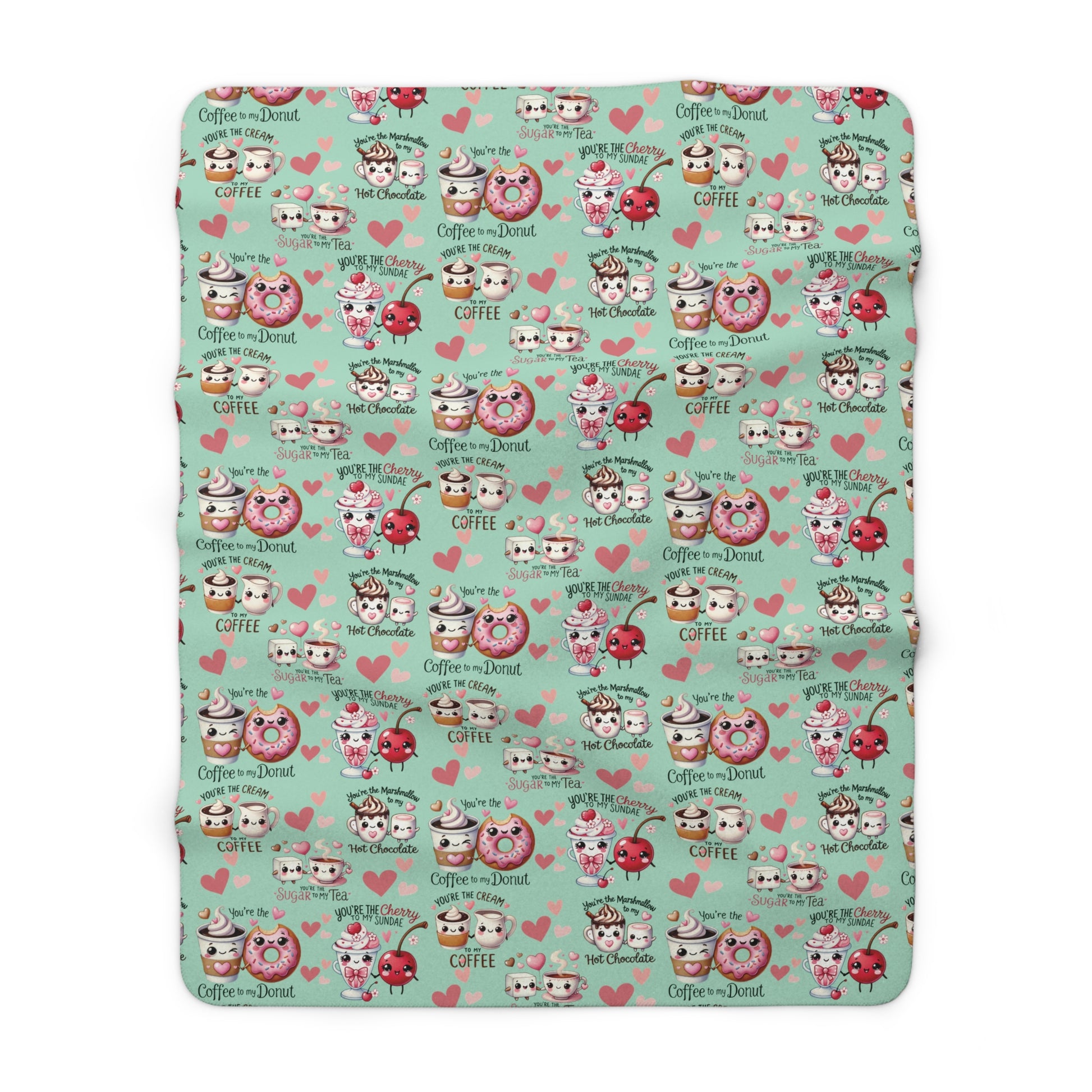 Sherpa Fleece Blanket Snuggle Up with Kawaii Charm Featuring Cute Coffee Donuts – 'You're My Cream to My Coffee' Perfect for Cozy Moments & Gift Giving