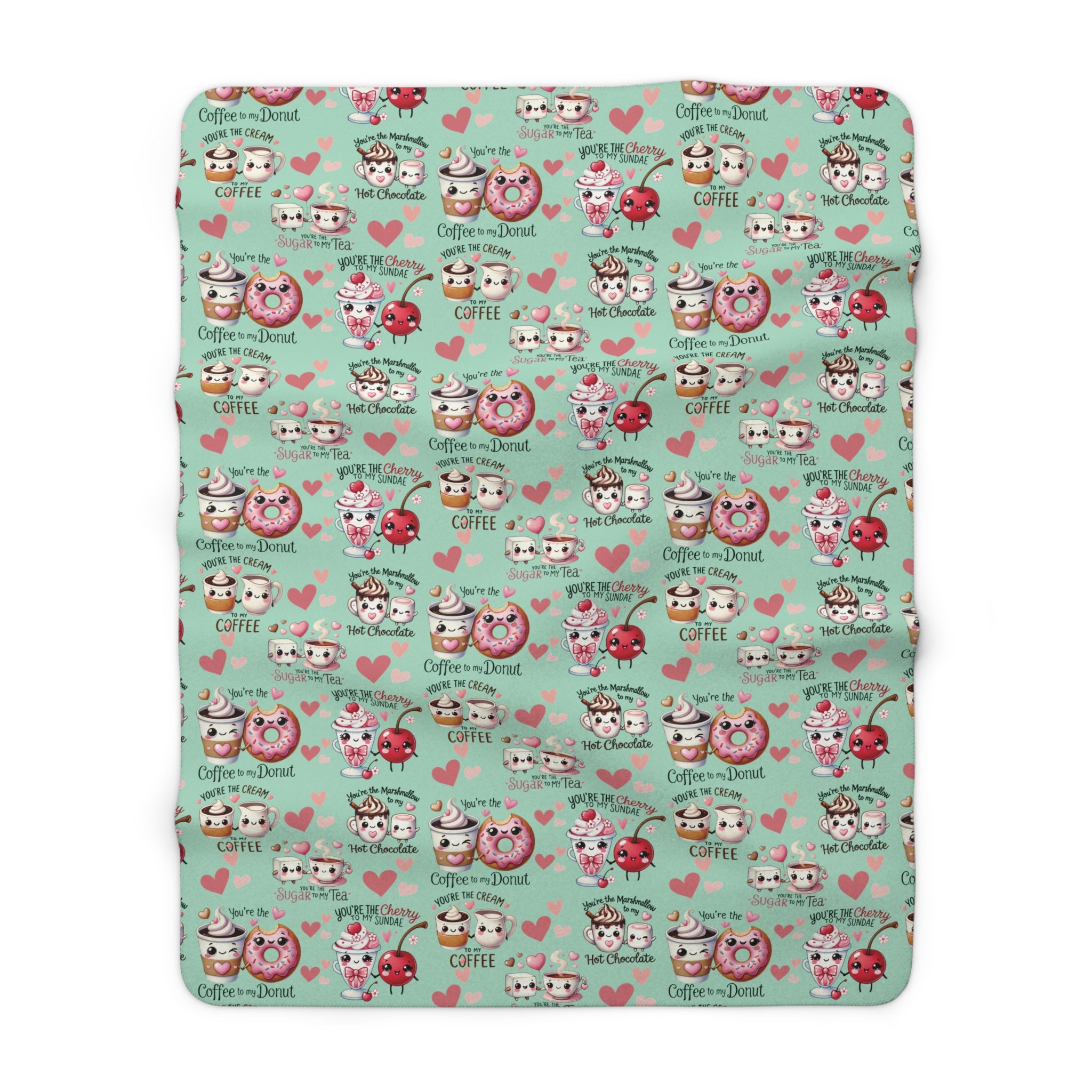 Sherpa Fleece Blanket Snuggle Up with Kawaii Charm Featuring Cute Coffee Donuts – 'You're My Cream to My Coffee' Perfect for Cozy Moments & Gift Giving
