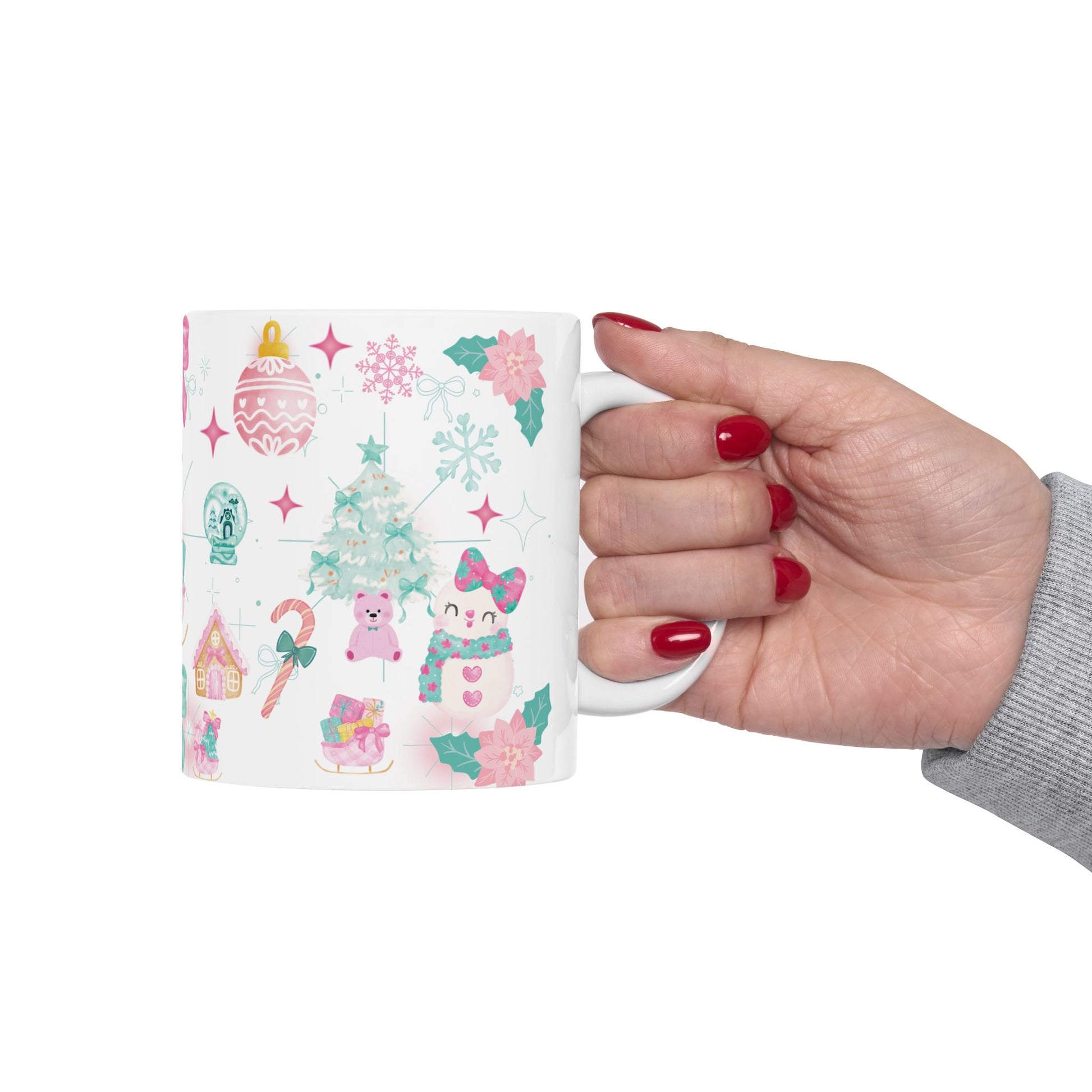 Glam Christmas Mug  Pink  Turquoise Holiday Coffee Cup, Festive Ceramic Mug in 11oz  15oz, Chic Gift for Hot Cocoa or Morning Lattes Mom