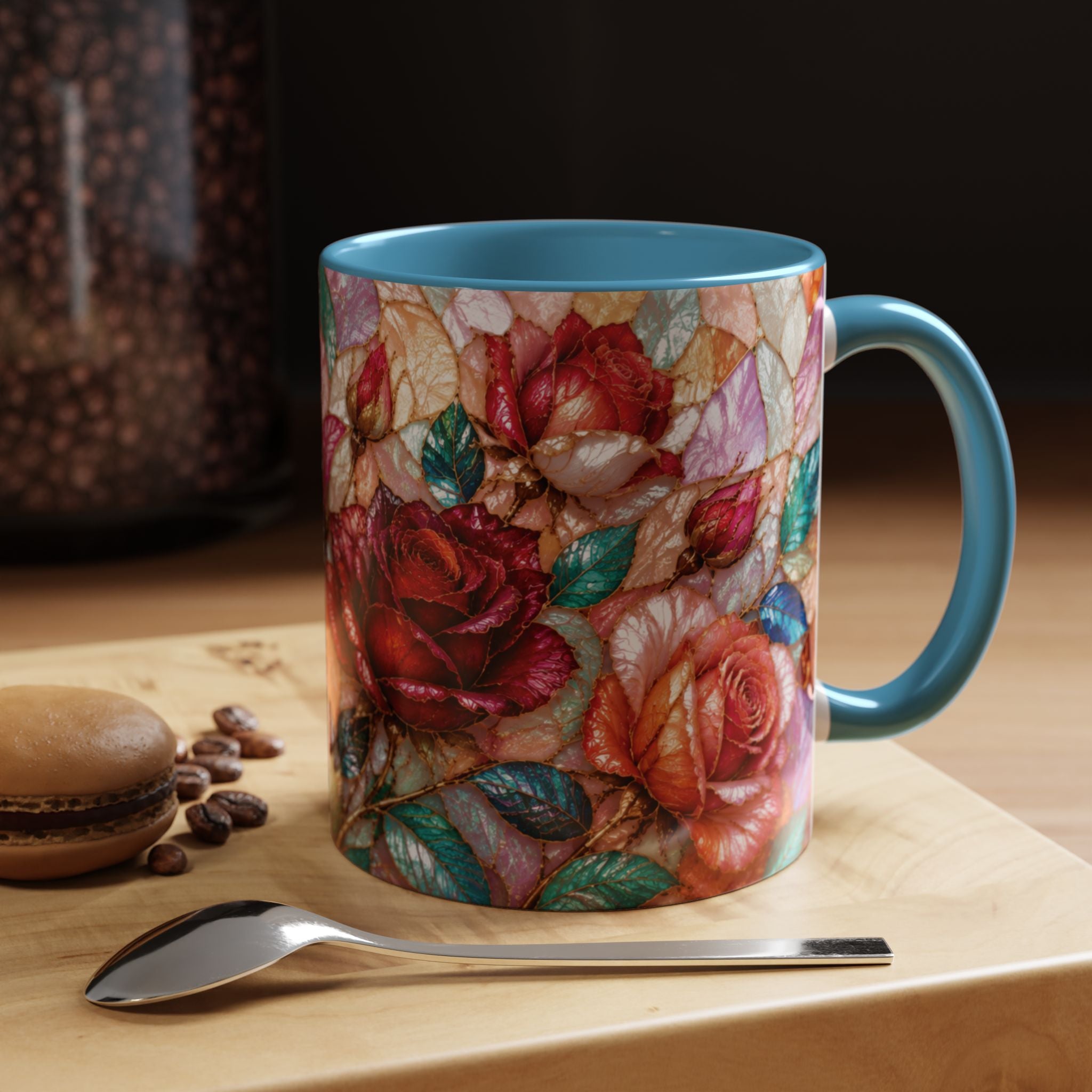 Floral Stained-Glass Accent Coffee Mug Colorful Rose Pattern (11/15 oz) Gift for Her