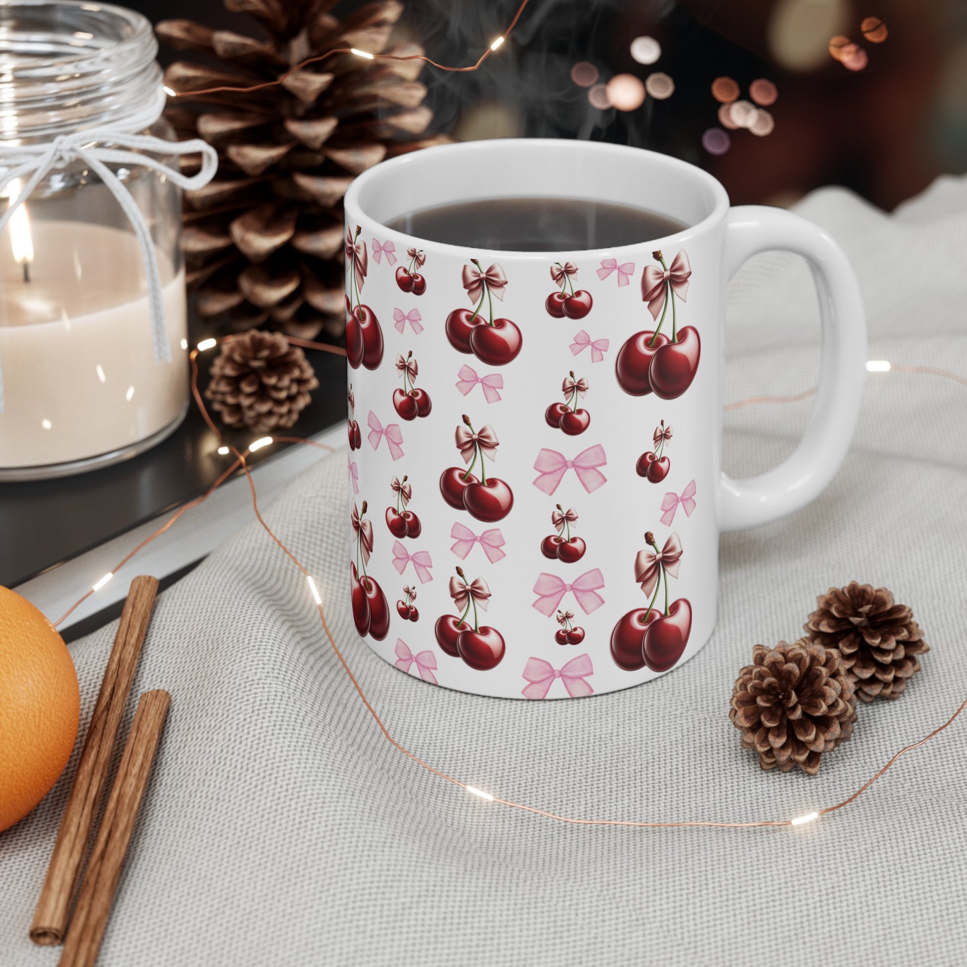 Cherry and Pink Bow Coffee Mugs Perfect for Your Morning Brew | 11 oz & 15 oz Sizes Cute and Stylish Mug for Tea, Cocoa, and More – Unique Gift for Cherry Lovers - MRSBYVALLE