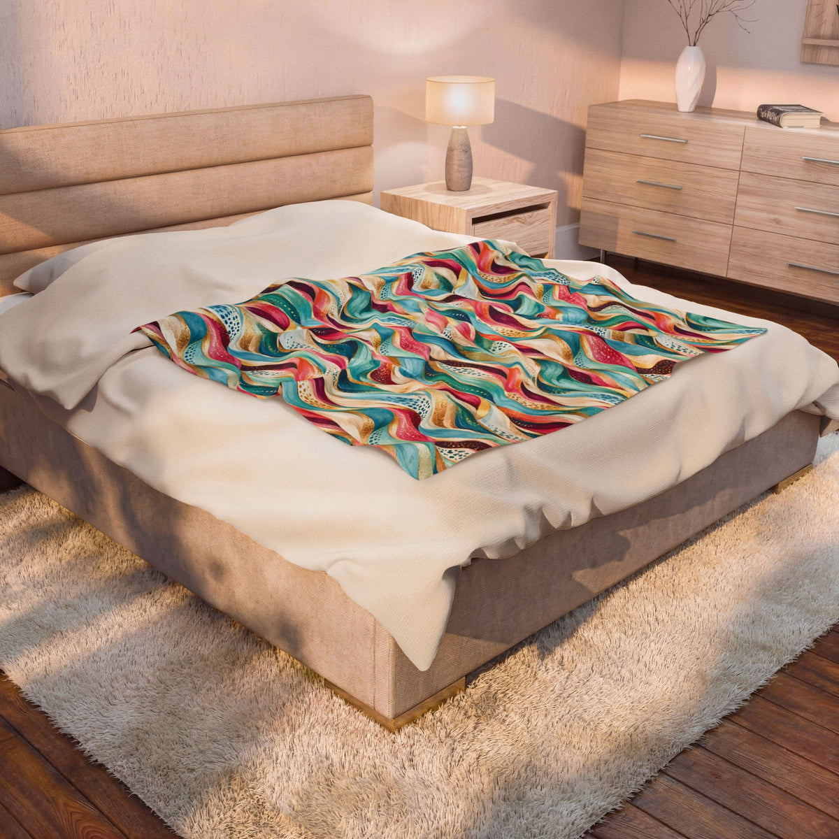 Abstract Rainbow Wave Velveteen Throw Blanket