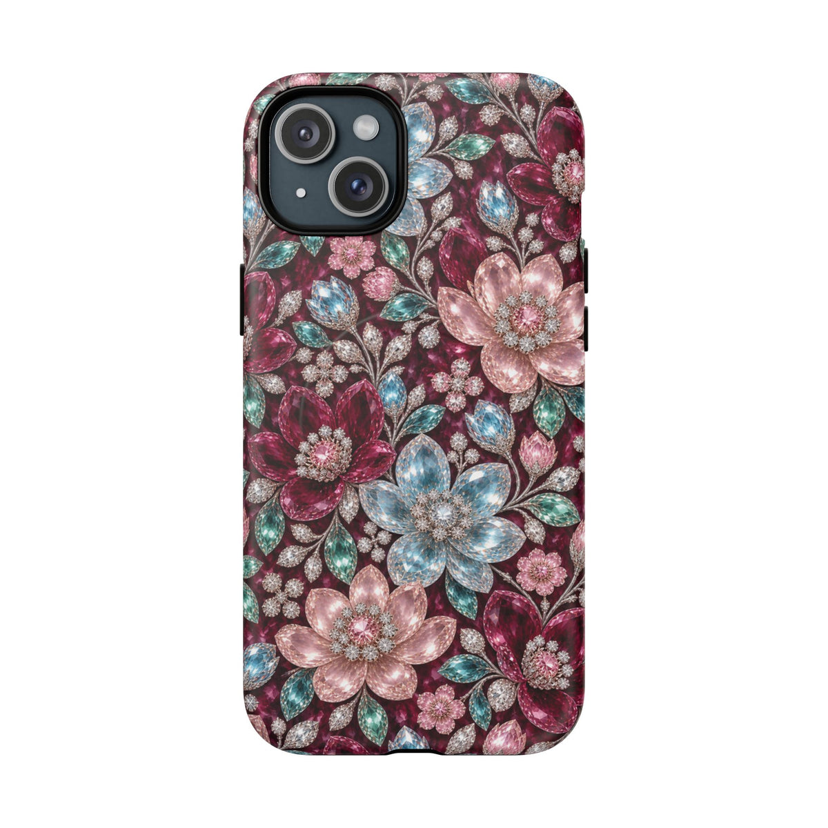 Floral faux Jewel Phone Case Sparkling Burgundy Flower Tough Magnetic Case 18 iPhone