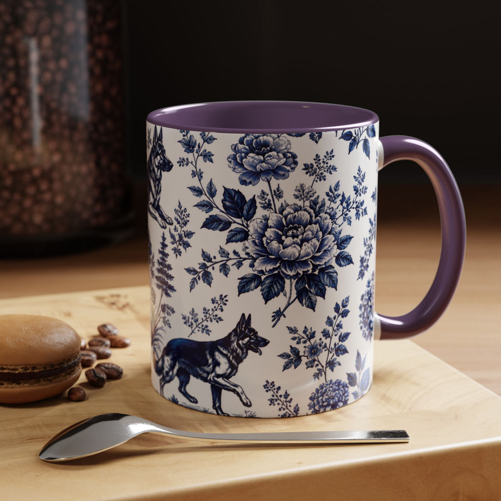 Elegant German Shepherd Floral Mug | Luxury Blue Toile Coffee Mug 11/15oz Accent Ceramic