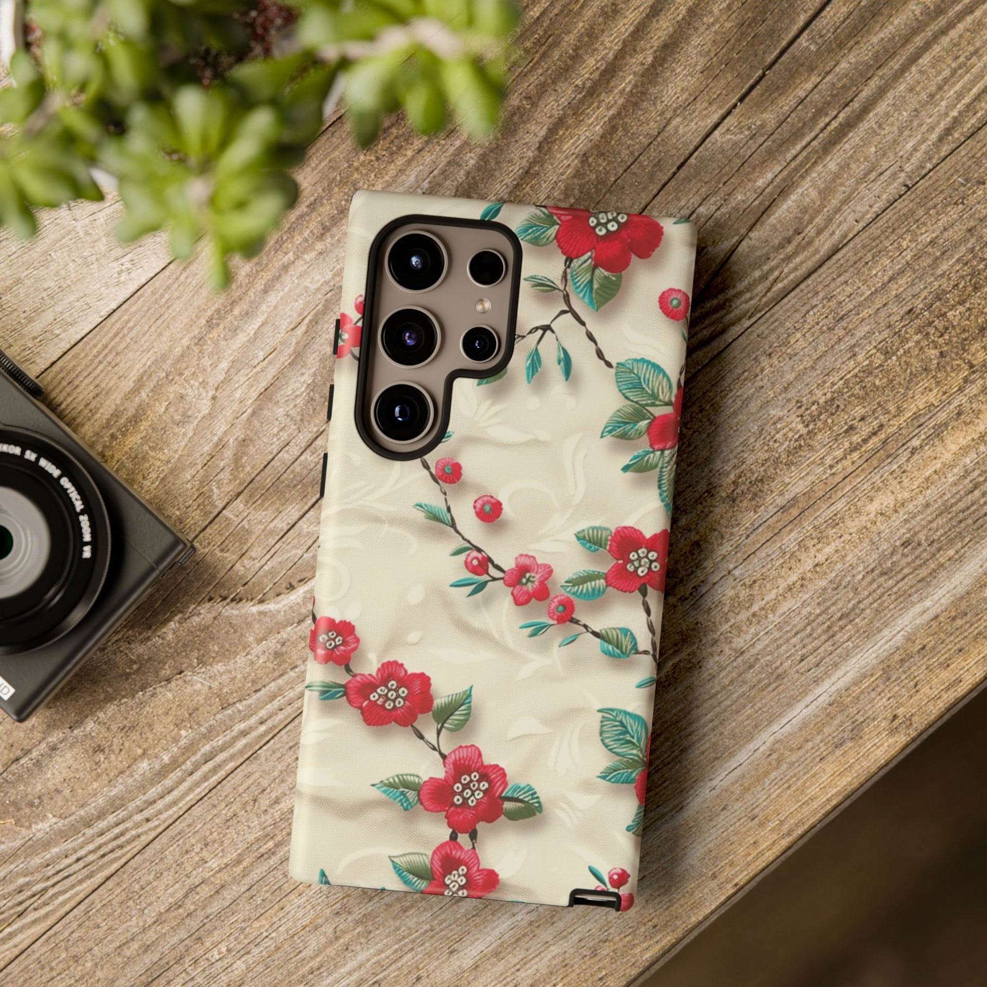 3D Embroidery Illusion Red Flowers Phone Case for iPhone, Samsung Pixel Artistic Floral Protection 15 14 13 12, 21 23 Gift for Her Perfect for Floral Lover