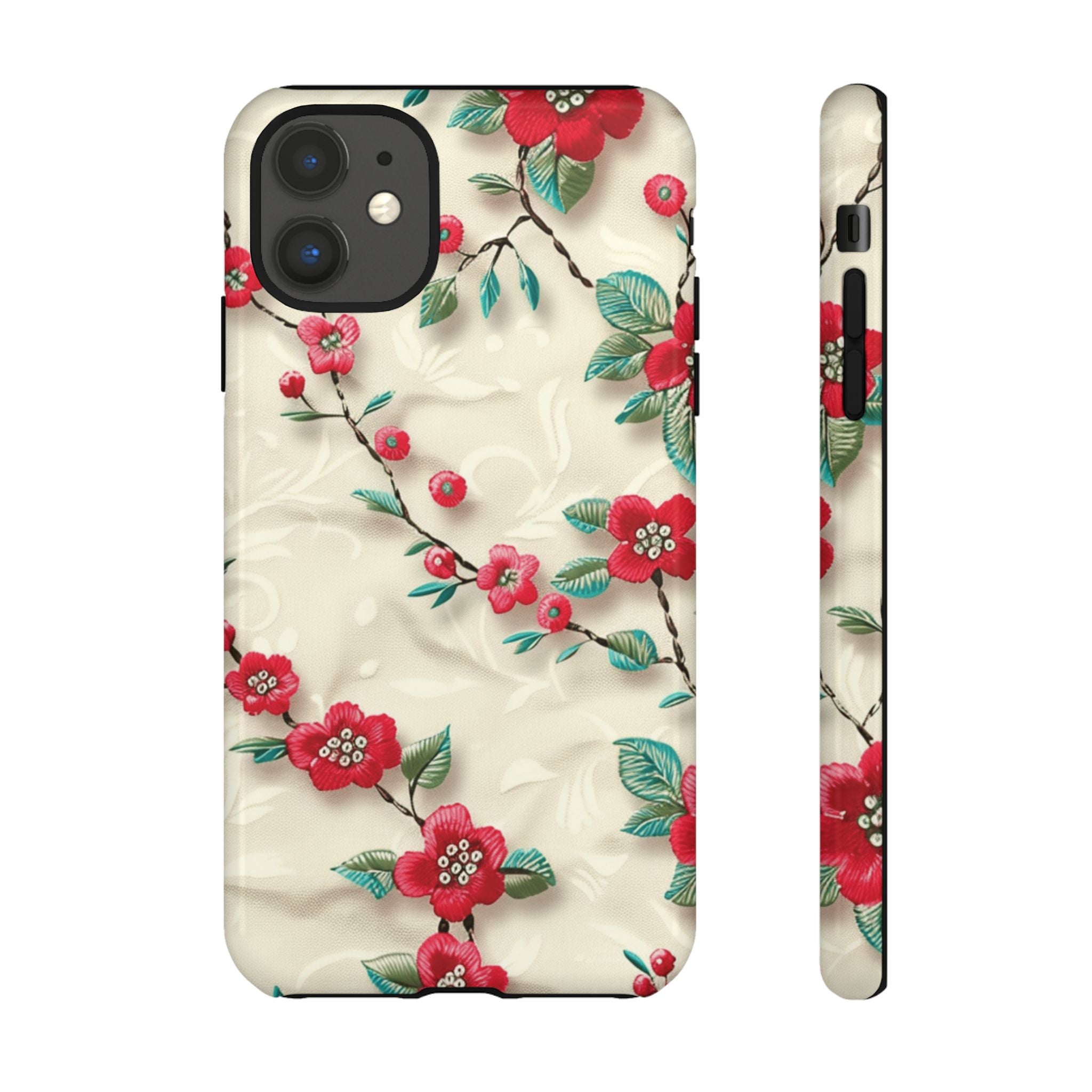 3D Embroidery Illusion Red Flowers Phone Case for iPhone, Samsung Pixel Artistic Floral Protection 15 14 13 12, 21 23 Gift for Her Perfect for Floral Lover