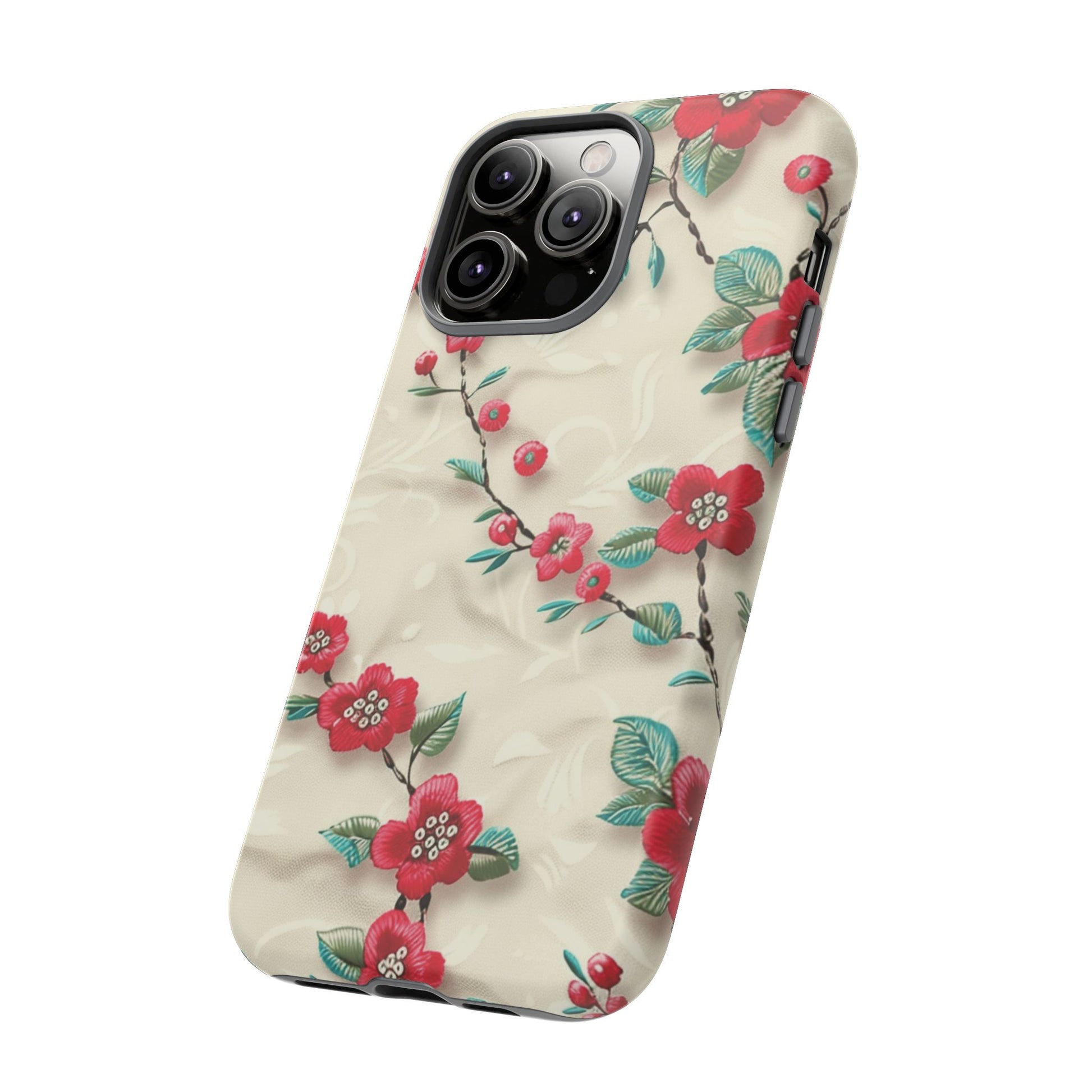 3D Embroidery Illusion Red Flowers Phone Case for iPhone, Samsung Pixel Artistic Floral Protection 15 14 13 12, 21 23 Gift for Her Perfect for Floral Lover