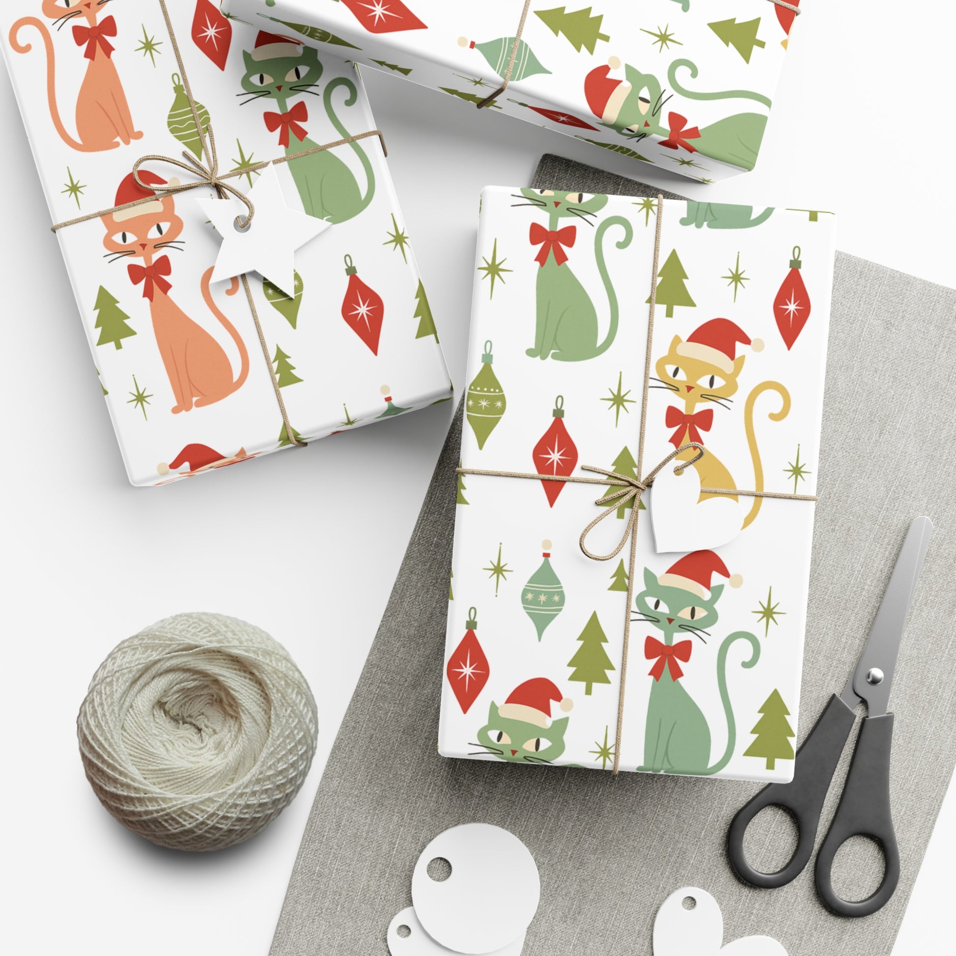 Christmas Atomic Cat Wrapping Paper, Retro Gift Wrap, Pastel Mid-Century Kitty Design, Vintage Holiday 30x20, 30x72, 30x144 Perfect for all Occasion
