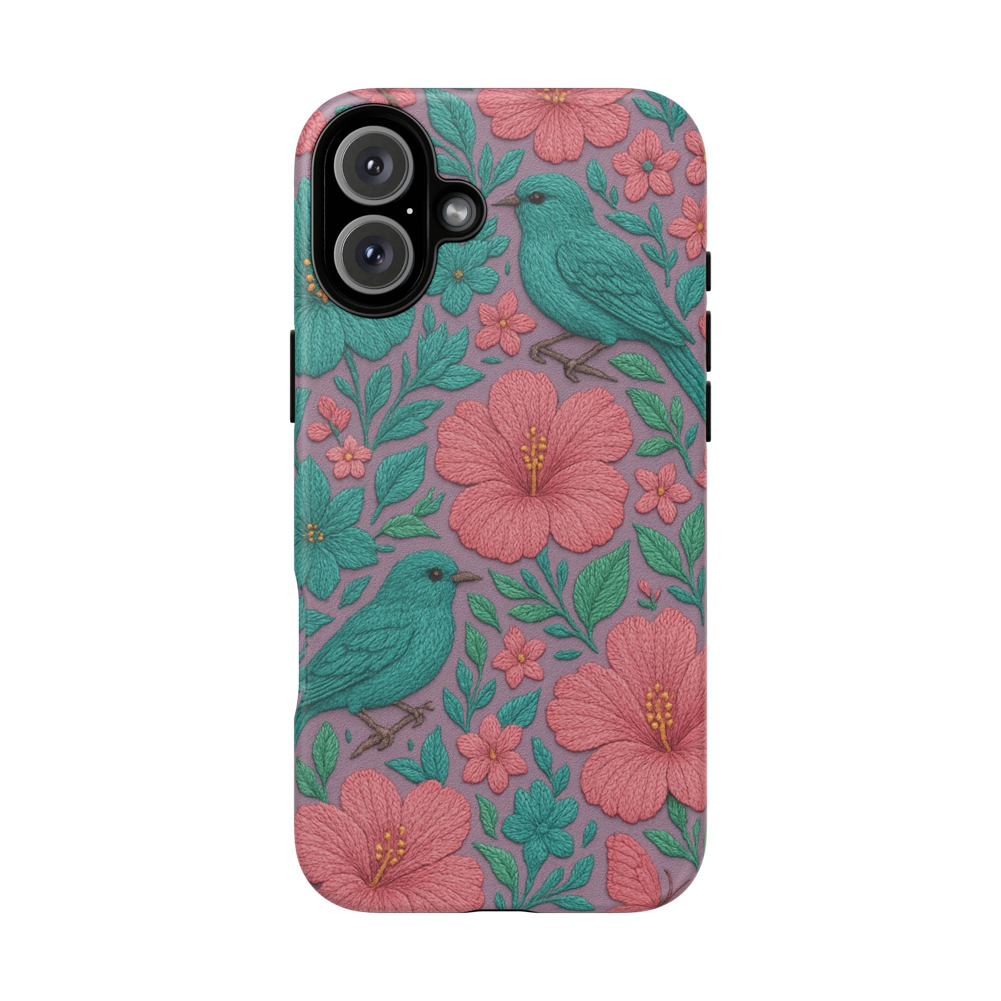 Turquoise, Pink and Lavender 3D Embroidery Illusion Phone Case Tropical Flowers, Birds & Butterflies Cover with Bold, Realistic Floral Texture iPhone, Samsung